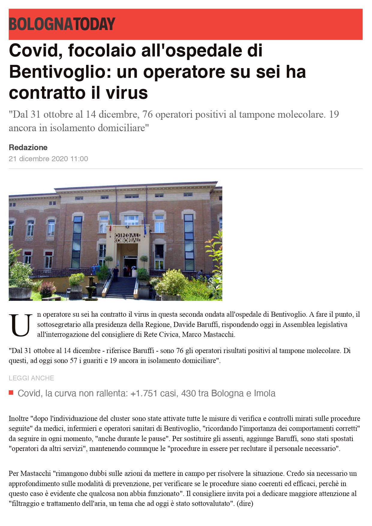 Scopri di più sull'articolo Covid, focolaio all’ospedale di Bentivoglio: (da Bologna Today)
