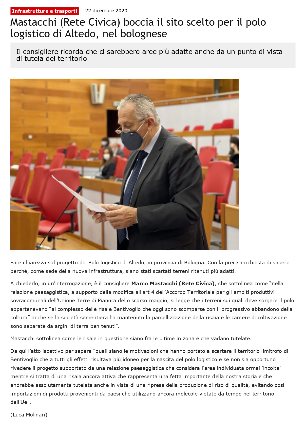 Scopri di più sull'articolo Mastacchi (Rete Civica) boccia il sito scelto per il polo logistico di Altedo, nel bolognese