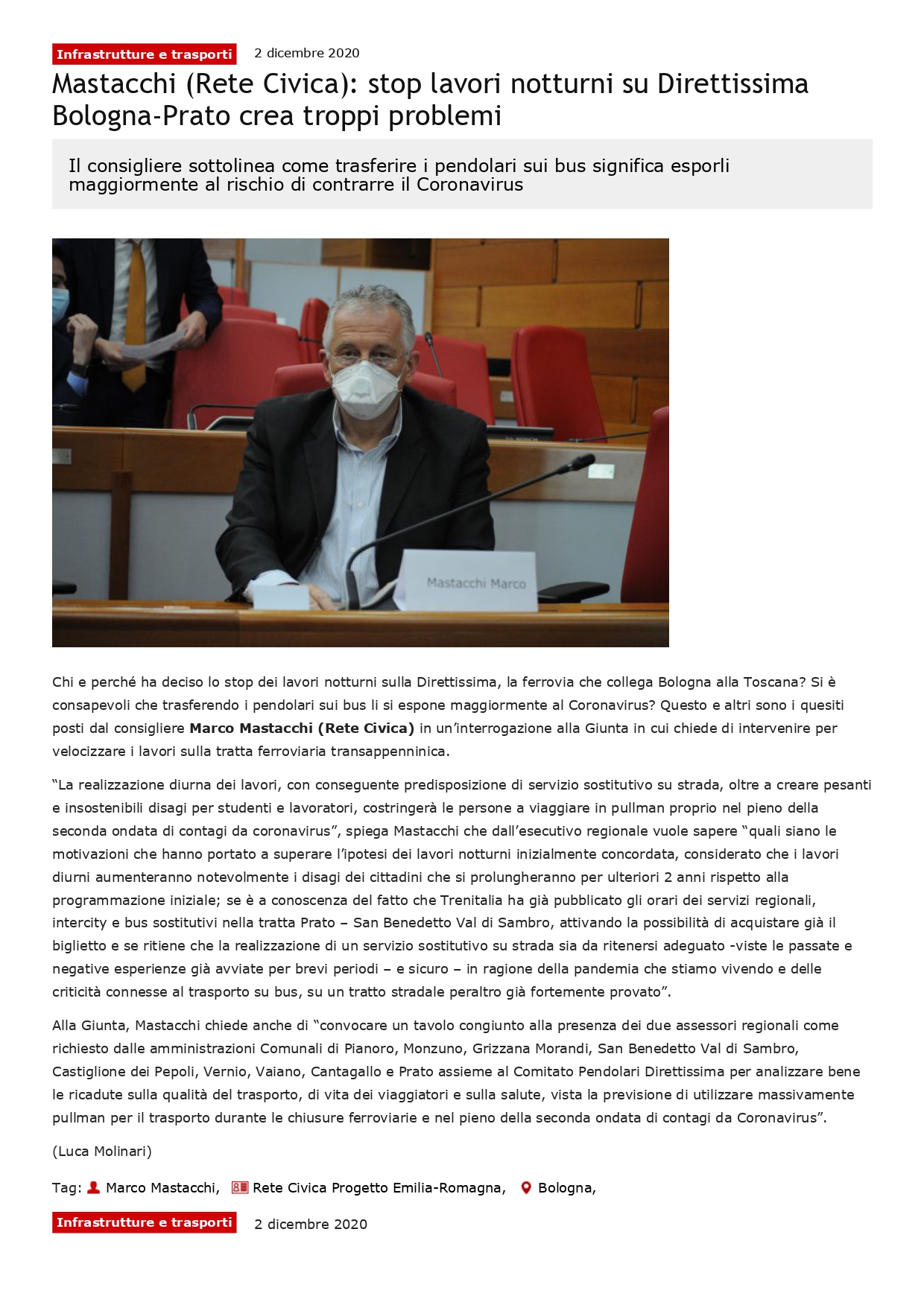 Scopri di più sull'articolo Mastacchi (Rete Civica): stop lavori notturni su Direttissima Bologna-Prato crea troppi problemi