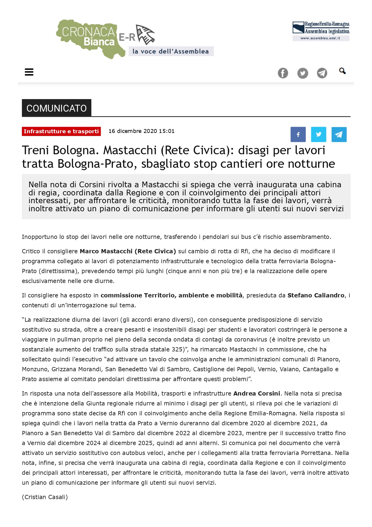 Scopri di più sull'articolo Treni Bologna. Mastacchi (Rete Civica): disagi per lavori tratta Bologna-Prato, sbagliato stop cantieri ore notturne