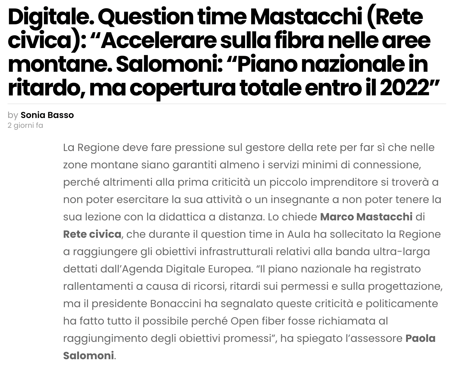 Scopri di più sull'articolo Mastacchi (Rete civica): “Accelerare sulla fibra nelle aree montane