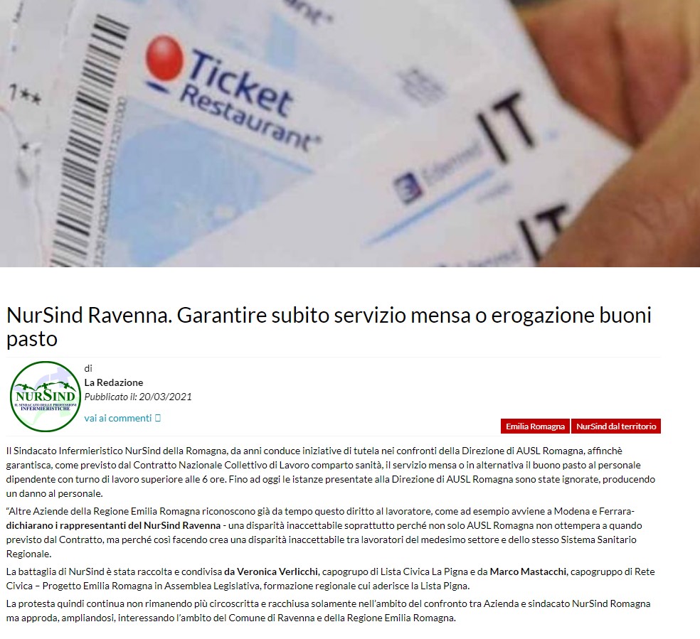 Scopri di più sull'articolo NurSind Ravenna. Garantire subito servizio mensa o erogazione buoni pasto