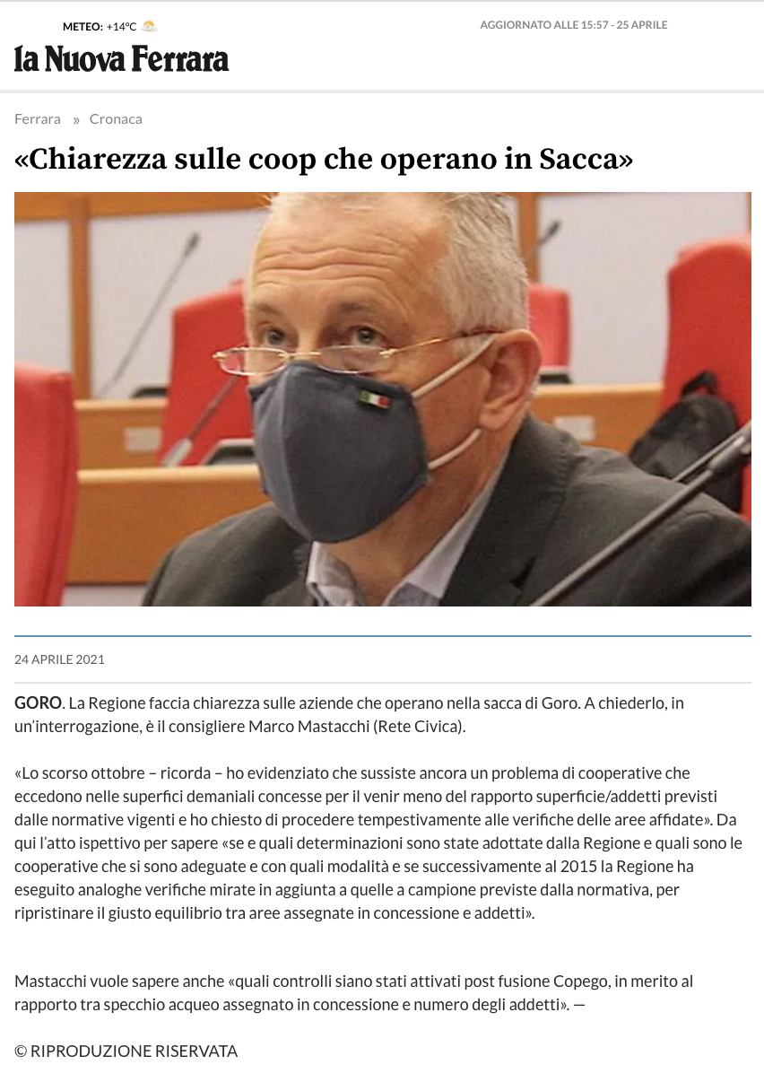 Scopri di più sull'articolo Mastacchi: Goro: la Regione faccia chiarezza sulle aziende che operano nella sacca di Goro