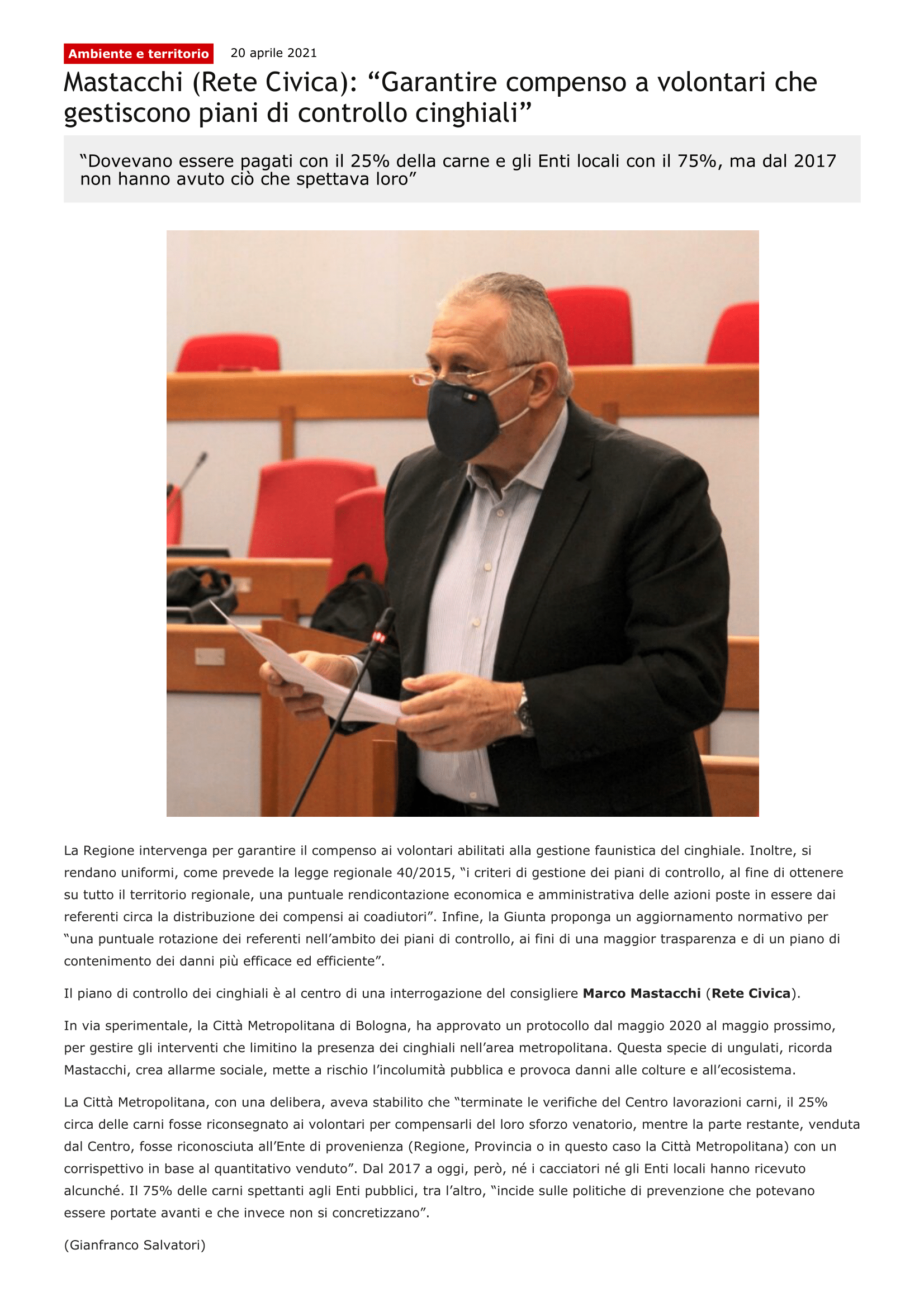 Scopri di più sull'articolo Mastacchi (Rete Civica): “Garantire compenso a volontari che gestiscono piani di controllo cinghiali”