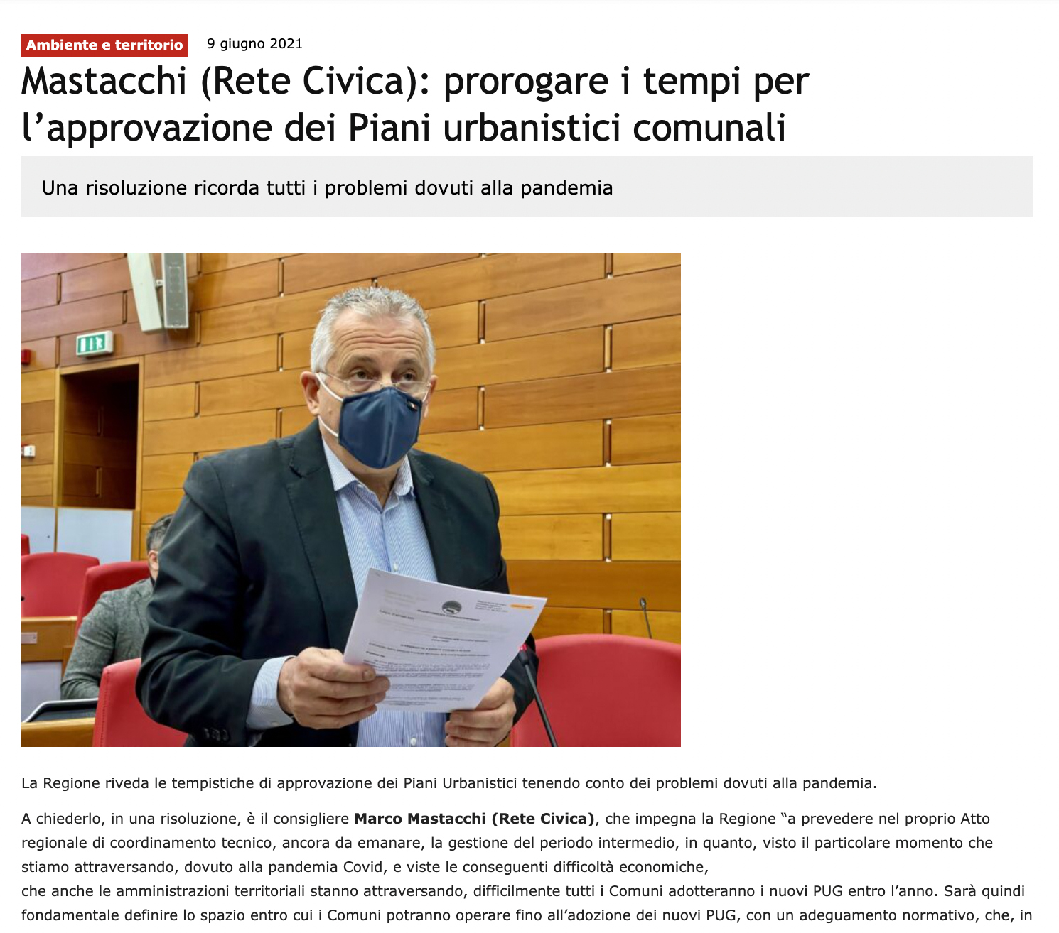 Scopri di più sull'articolo Mastacchi (Rete Civica): prorogare i tempi per l’approvazione dei Piani urbanistici comunali