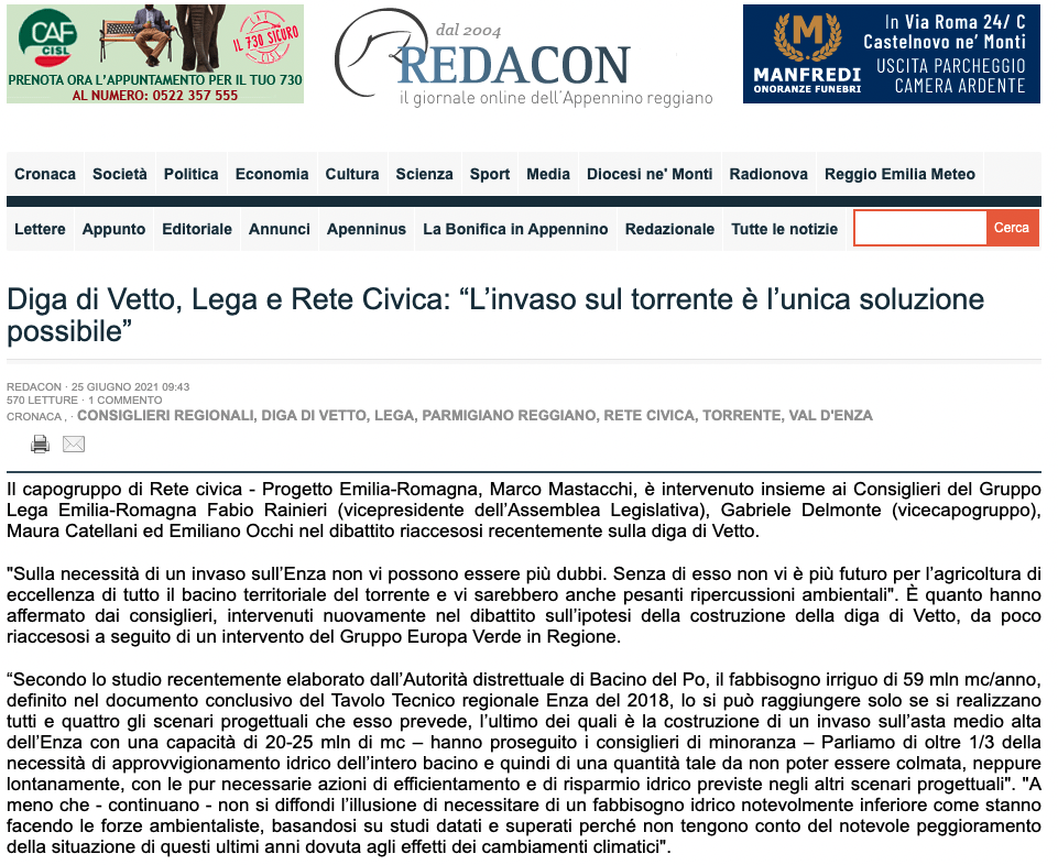 Scopri di più sull'articolo Diga di Vetto, Lega e Rete Civica: “L’invaso sul torrente è l’unica soluzione possibile”