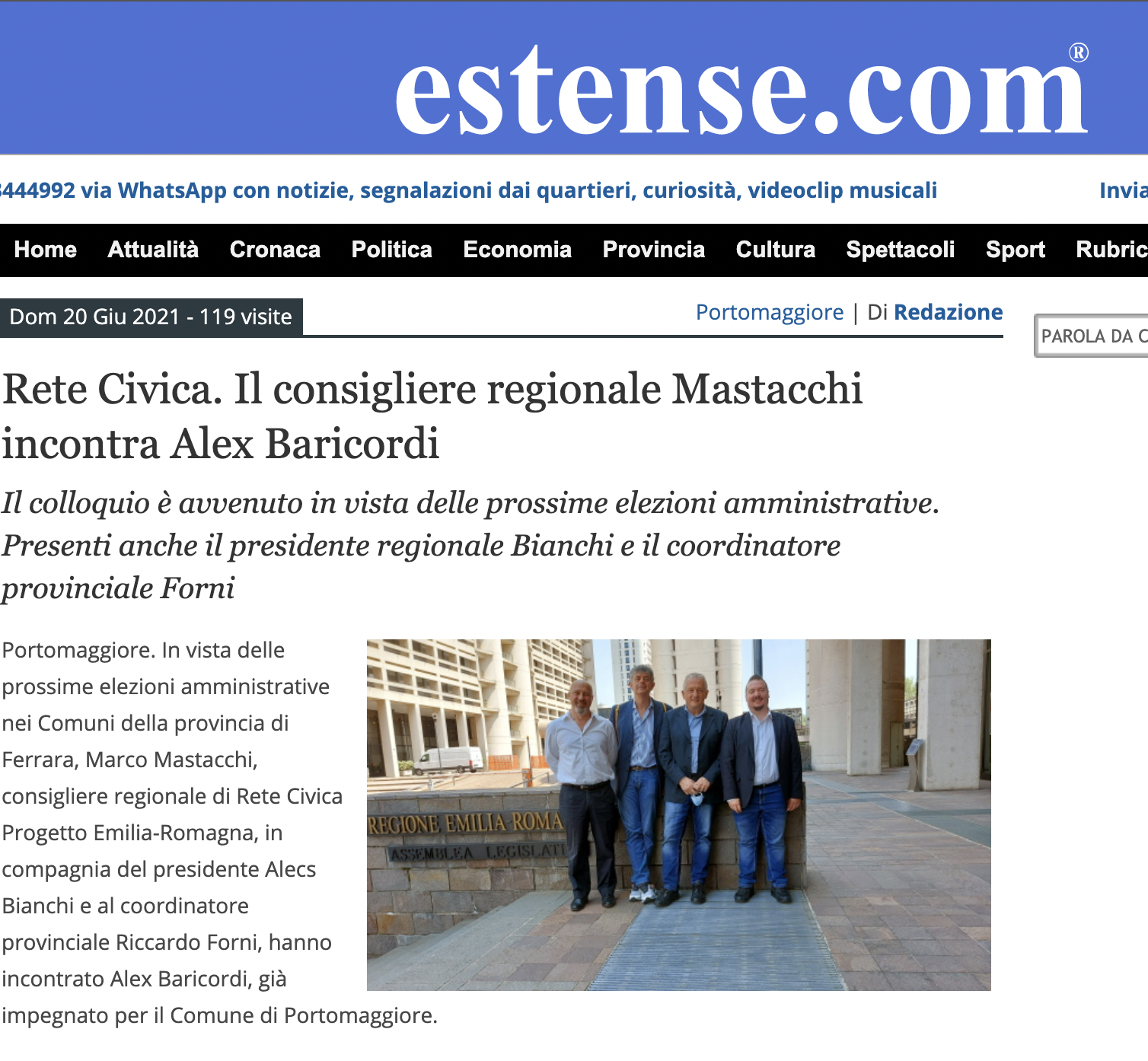 Al momento stai visualizzando Rete Civica. Il consigliere regionale Mastacchi incontra Alex Baricordi