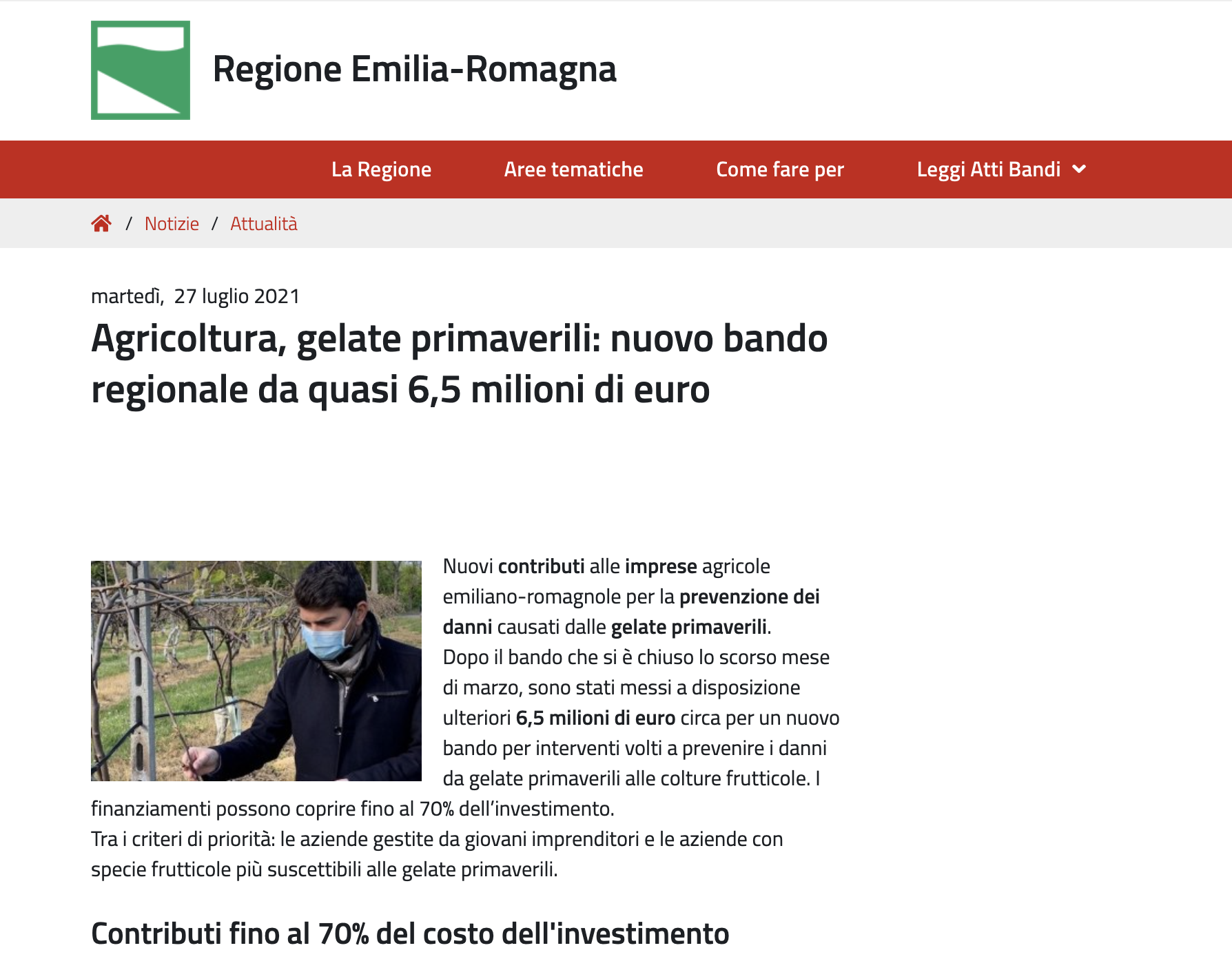 Al momento stai visualizzando Agricoltura, gelate primaverili: nuovo bando regionale da quasi 6,5 milioni di euro