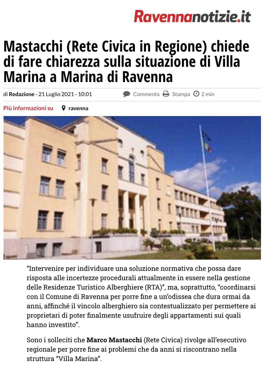 Al momento stai visualizzando Mastacchi (Rete Civica in Regione) chiede di fare chiarezza sulla situazione di Villa Marina a Marina di Ravenna