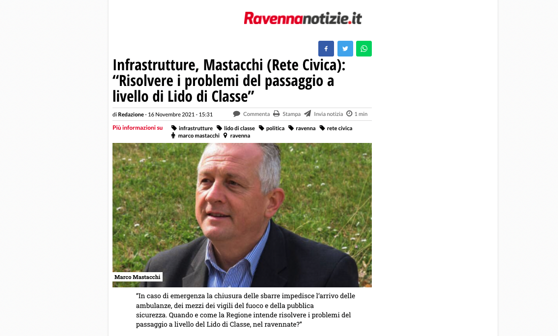 Scopri di più sull'articolo Infrastrutture, Mastacchi (Rete Civica): “Risolvere i problemi del passaggio a livello di Lido di Classe”