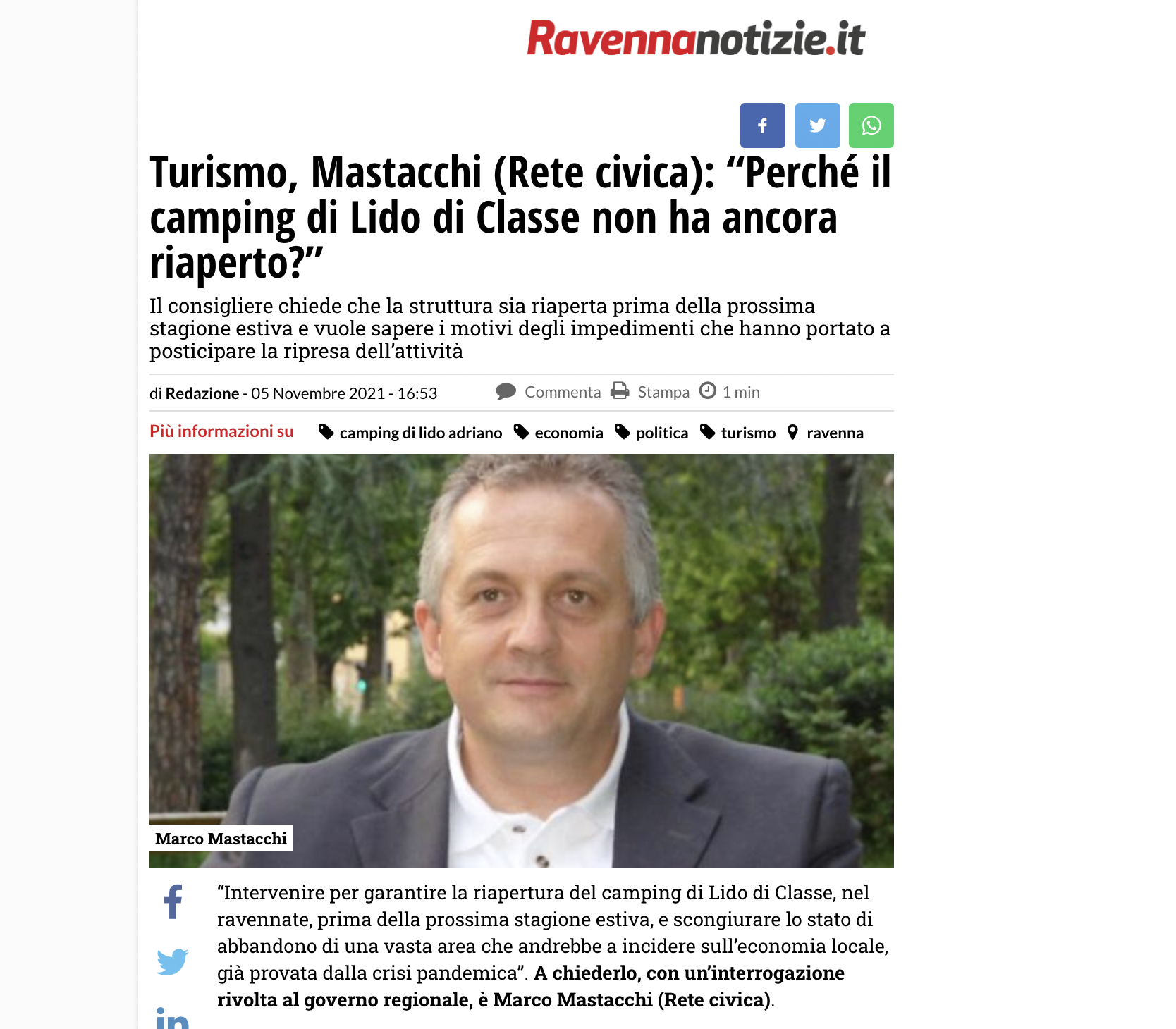 Scopri di più sull'articolo Turismo, Mastacchi (Rete Civica): “Perché il camping di Lido di Classe non ha ancora riaperto?”