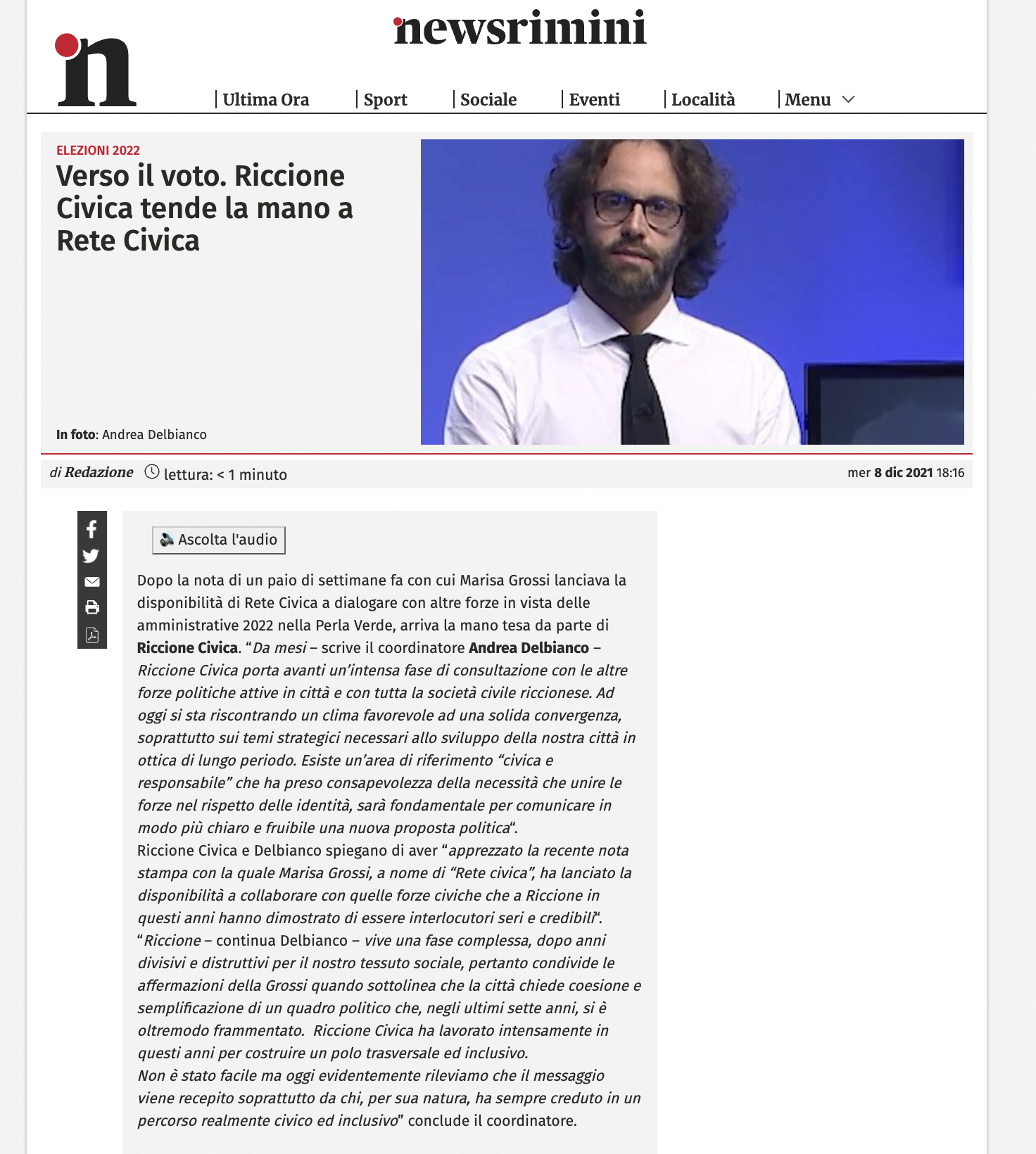 Scopri di più sull'articolo Verso il voto. Riccione Civica tende la mano a Rete Civica