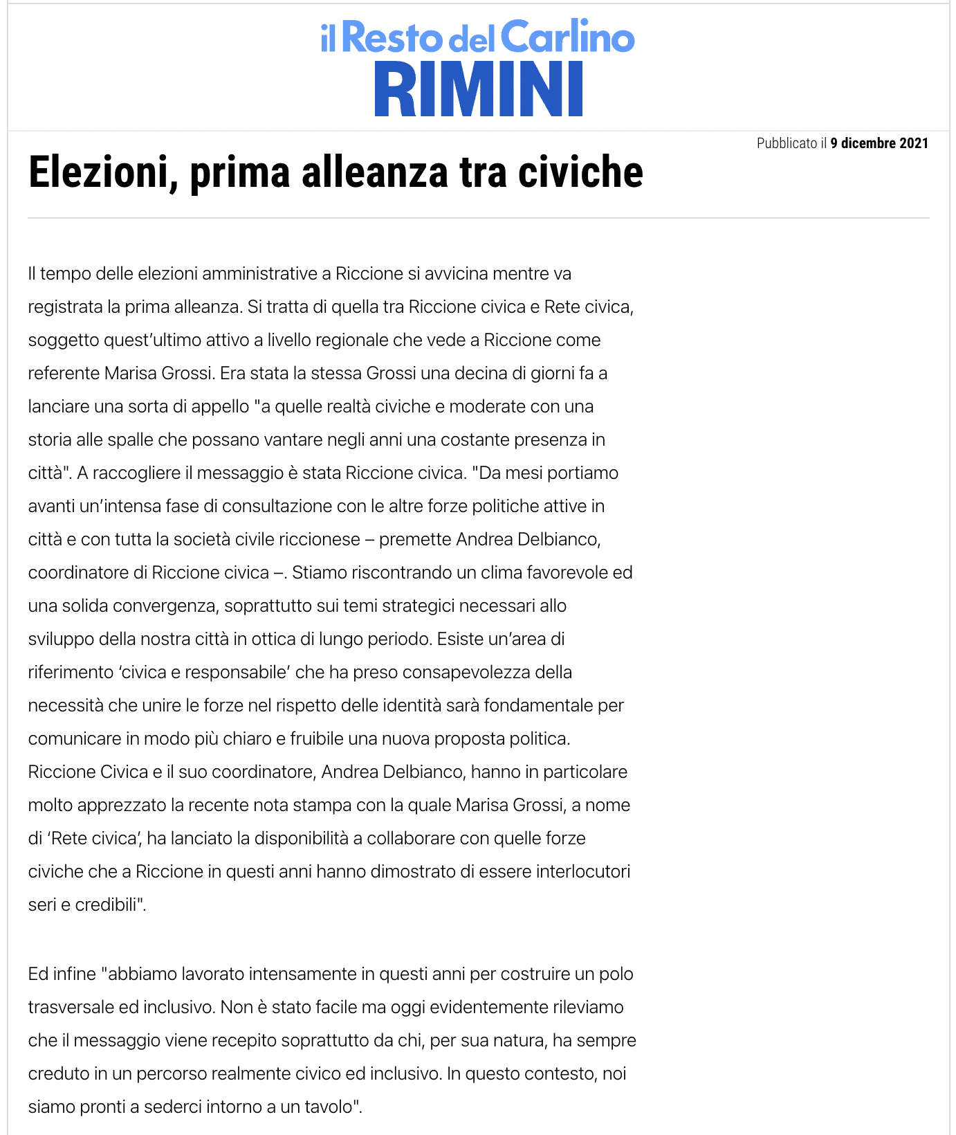 Scopri di più sull'articolo RIMINI: Elezioni, prima alleanza tra civiche
