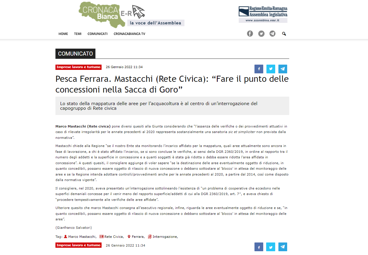 Al momento stai visualizzando Pesca Ferrara. Mastacchi (Rete Civica): “Fare il punto delle concessioni nella Sacca di Goro”