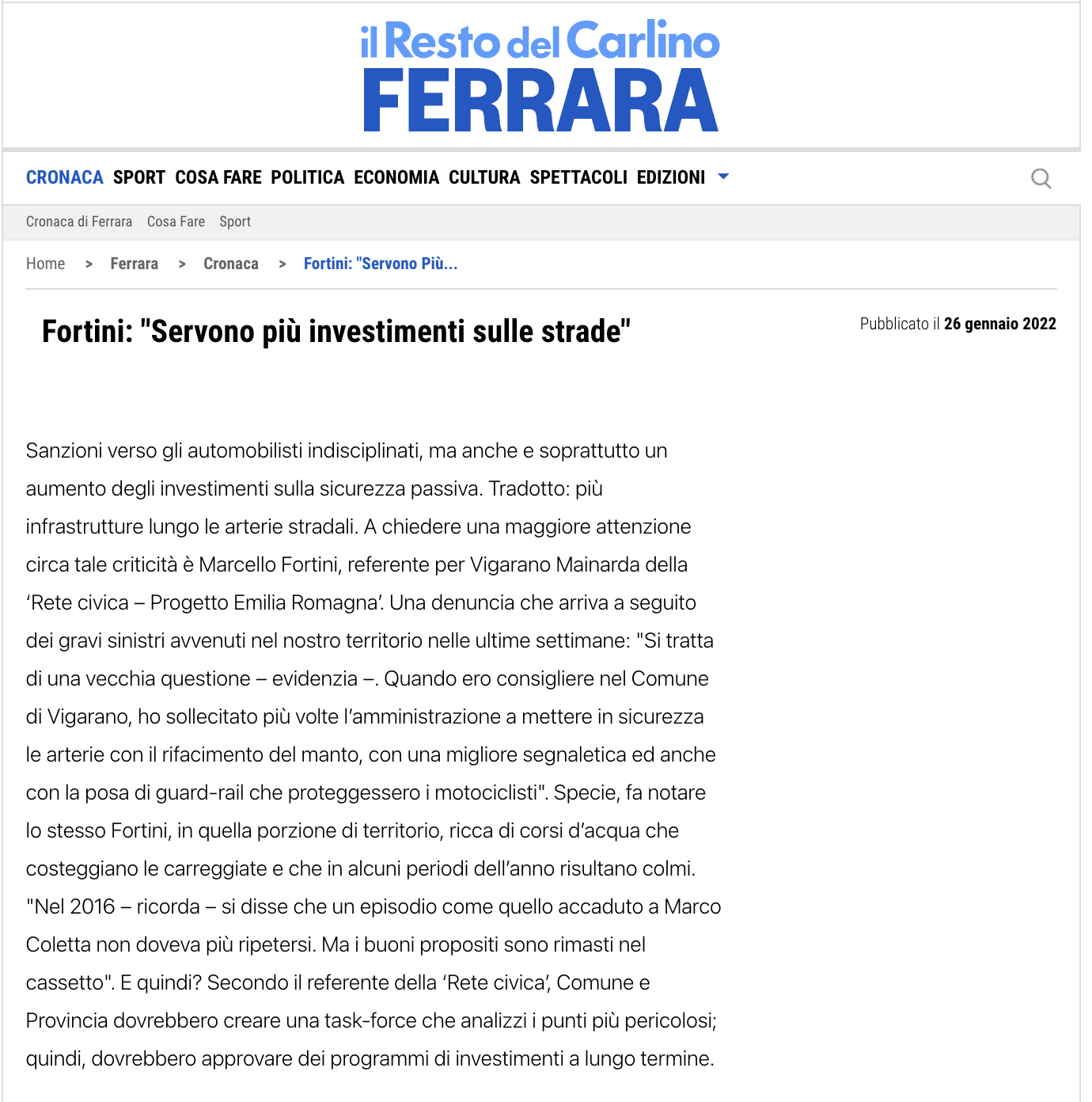 Scopri di più sull'articolo Vigarano Mainarda, Fortini: “Servono più investimenti sulle strade”
