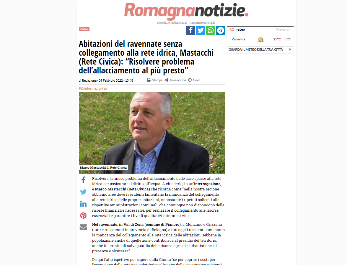 Scopri di più sull'articolo Abitazioni del ravennate senza collegamento alla rete idrica, Mastacchi (Rete Civica): “Risolvere problema dell’allacciamento al più presto”