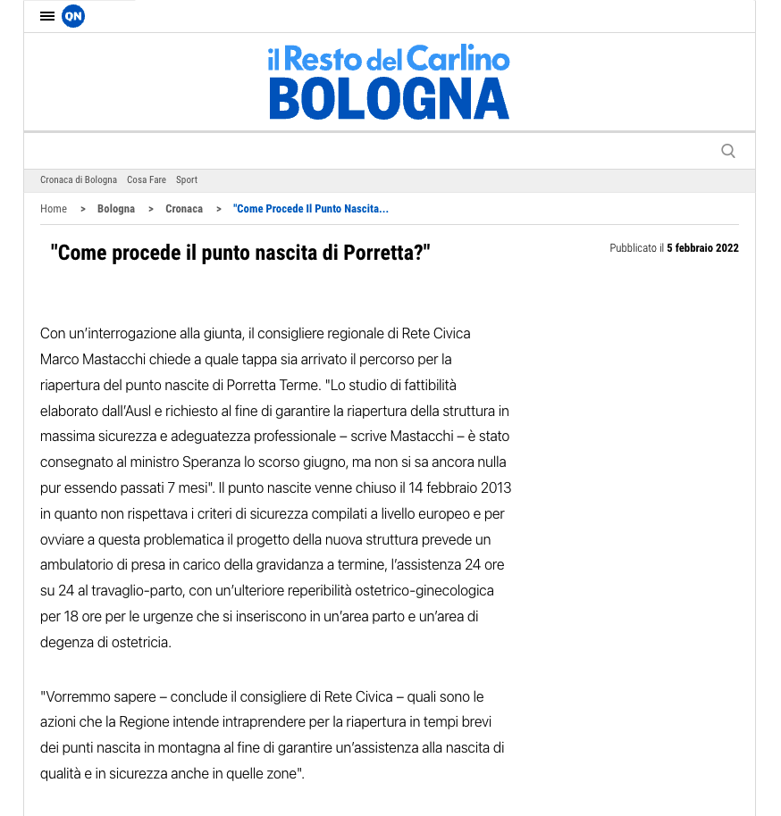 Al momento stai visualizzando Mastacchi, Rete Civica: “Come procede il punto nascite di Porretta?”