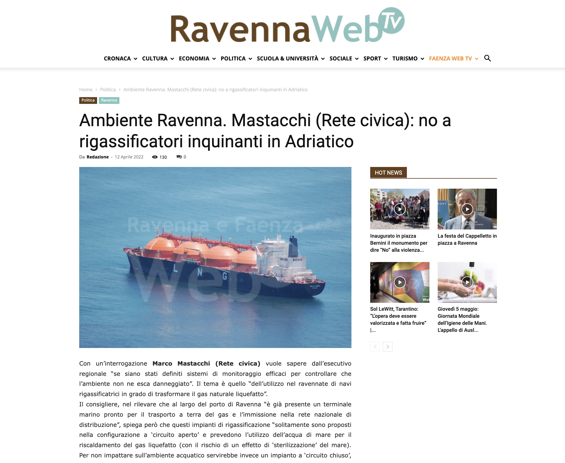 Scopri di più sull'articolo Ambiente Ravenna. Mastacchi (Rete Civica): no a rigassificatori inquinanti in Adriatico