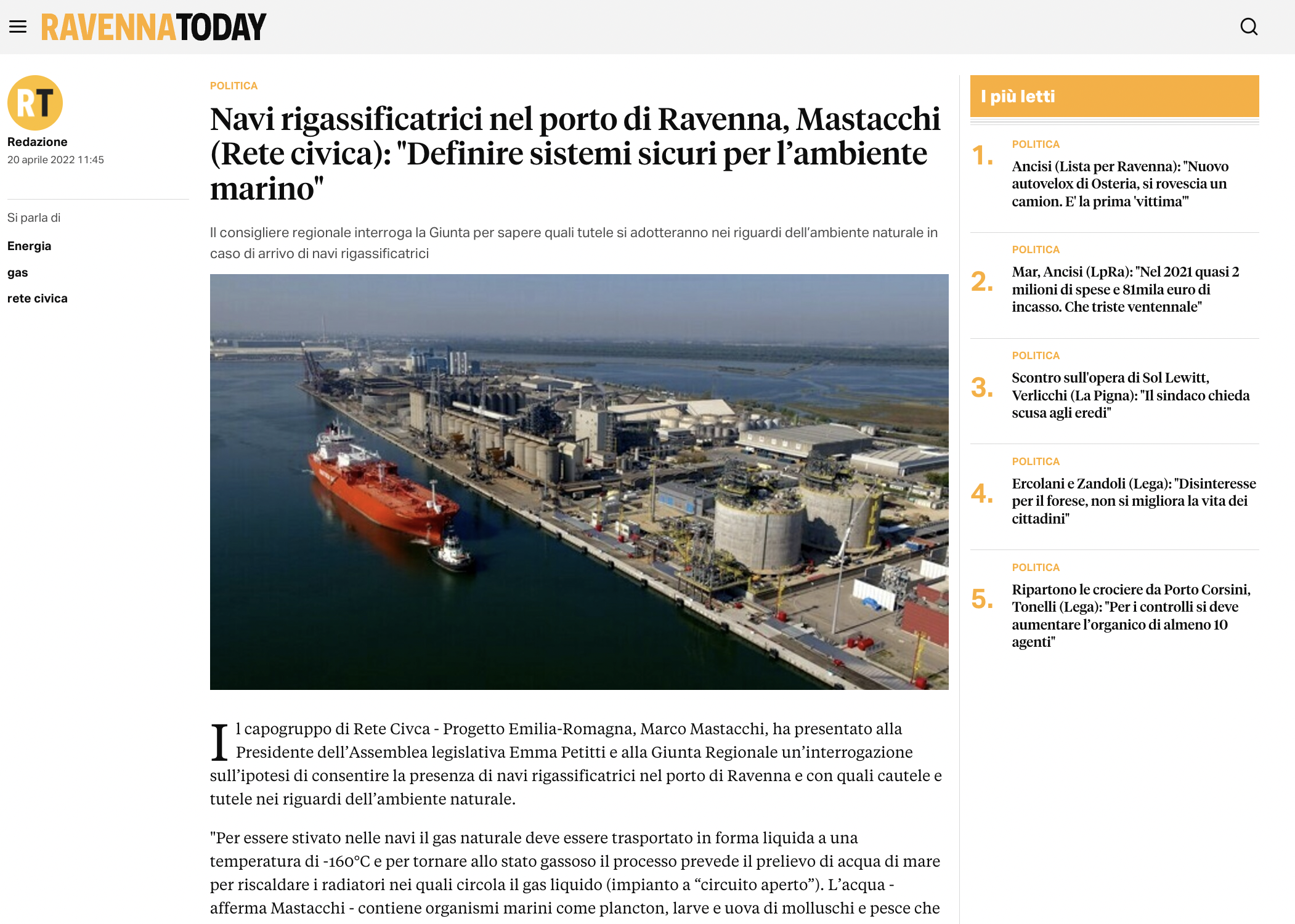 Al momento stai visualizzando Navi rigassificatrici nel porto di Ravenna, Mastacchi (Rete civica): “Definire sistemi sicuri per l’ambiente marino”