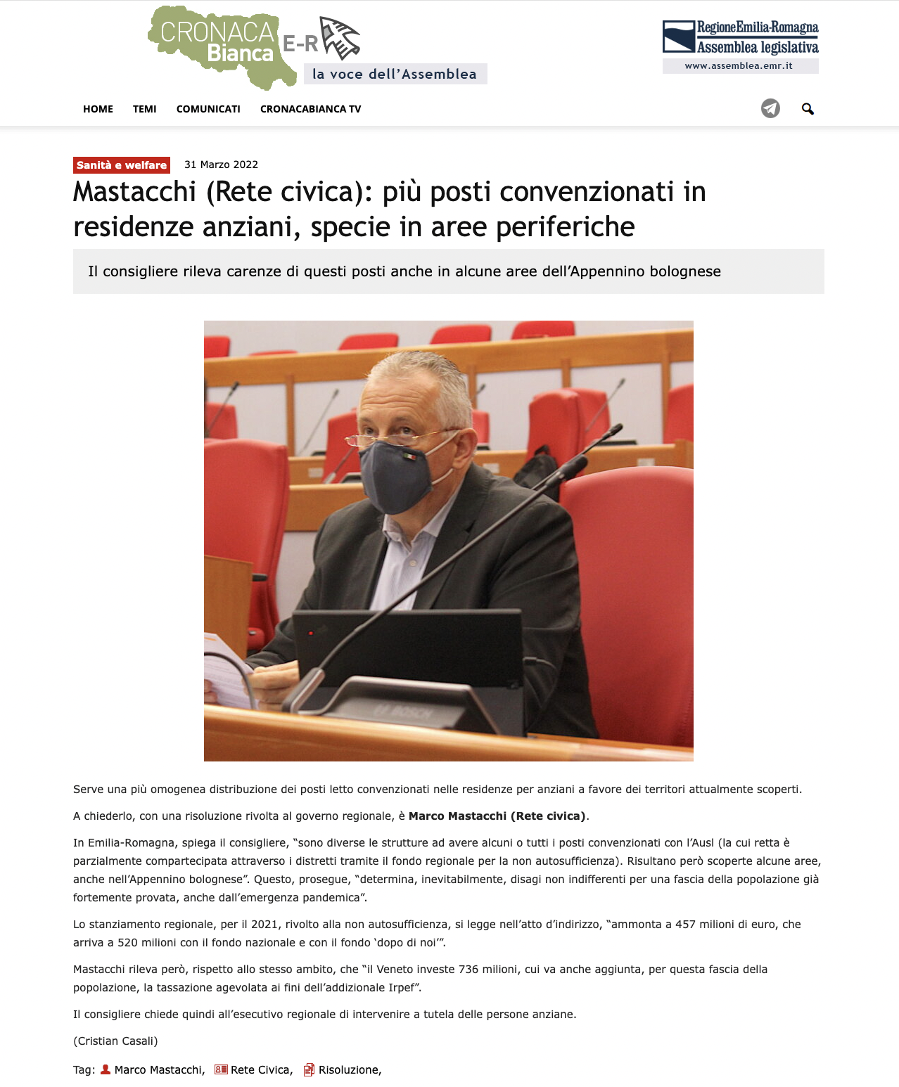 Al momento stai visualizzando Welfare. Mastacchi (Rete civica): più posti convenzionati in residenze anziani, specie in aree periferiche