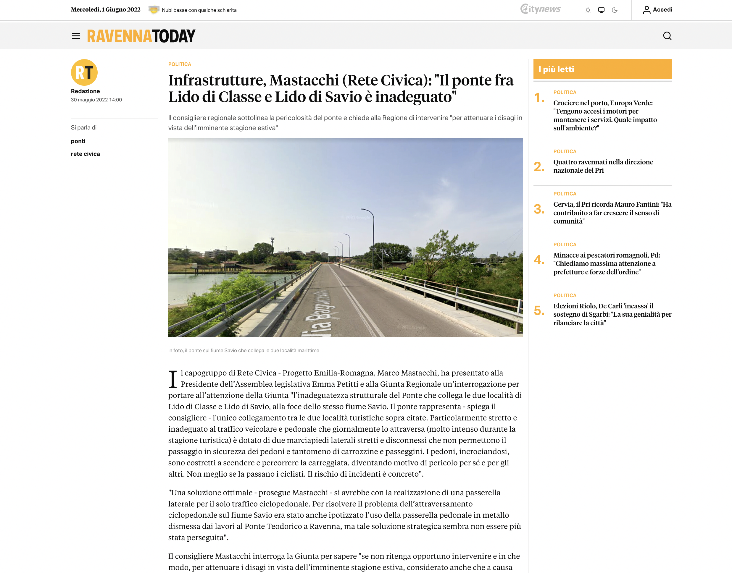 Scopri di più sull'articolo Infrastrutture, Mastacchi (Rete Civica): “Il ponte fra Lido di Classe e Lido di Savio è inadeguato”