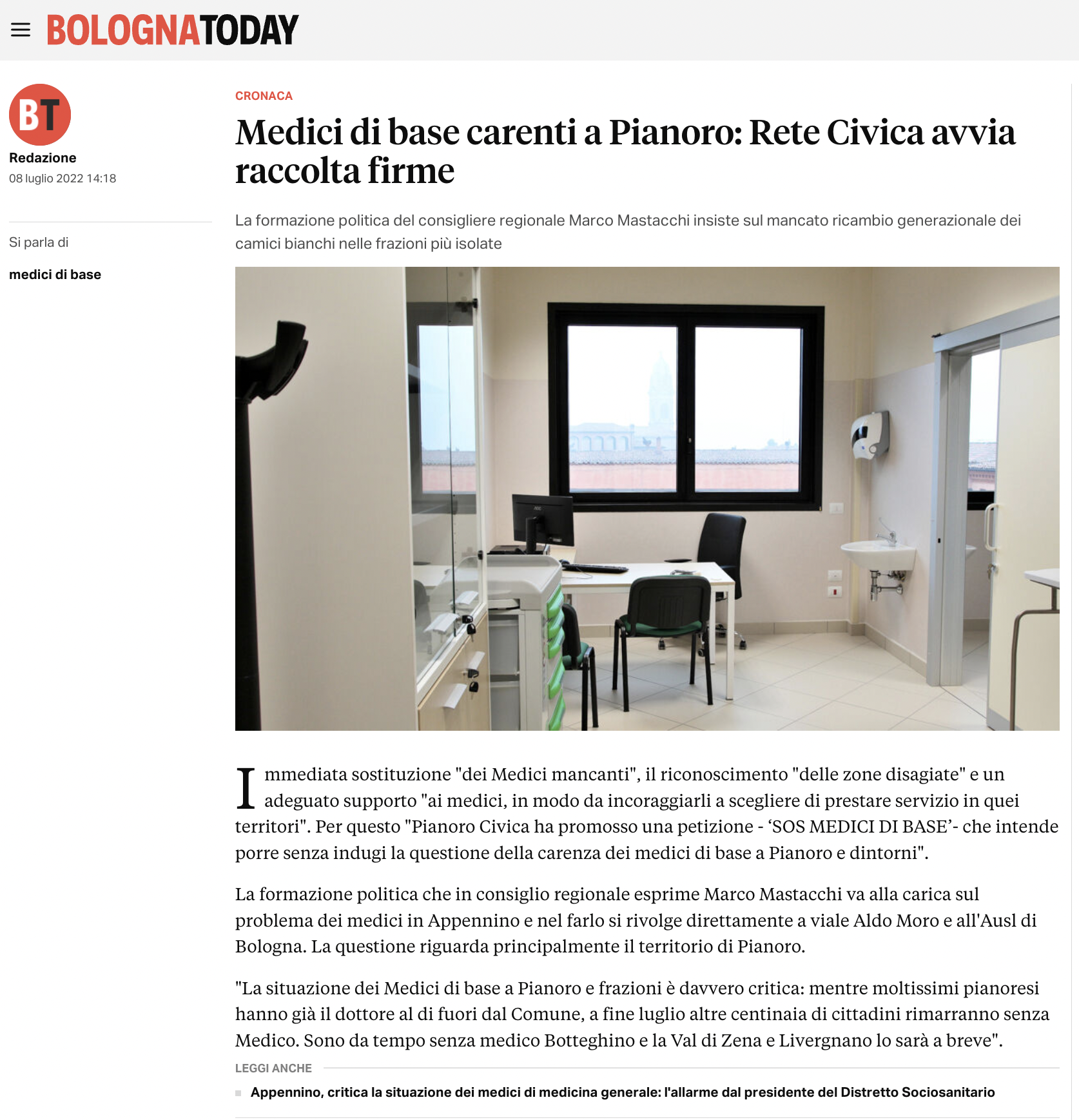 Al momento stai visualizzando Medici di base carenti a Pianoro: Rete Civica avvia raccolta firme