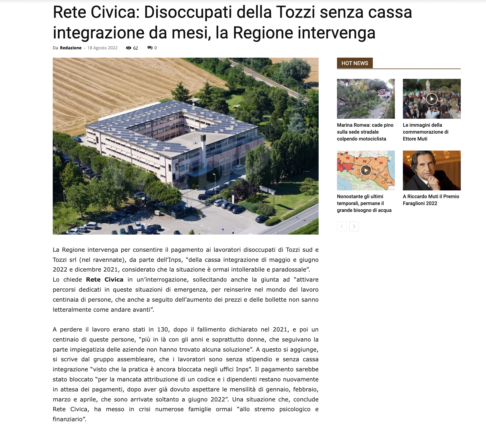 Scopri di più sull'articolo Rete Civica: Disoccupati della Tozzi senza cassa integrazione da mesi, la Regione intervenga