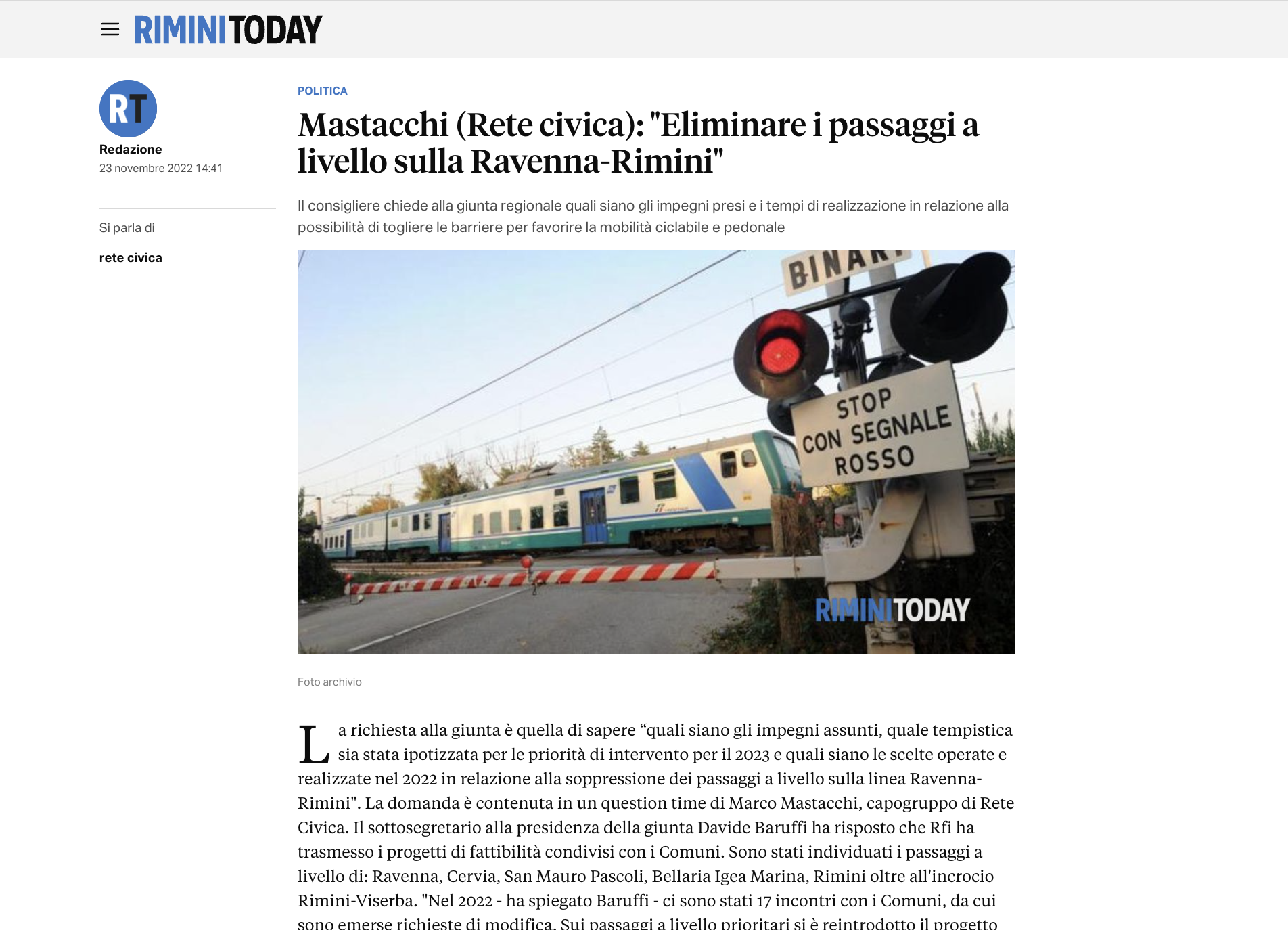 Al momento stai visualizzando Mastacchi (Rete Civica): “Eliminare i passaggi a livello sulla Ravenna-Rimini”