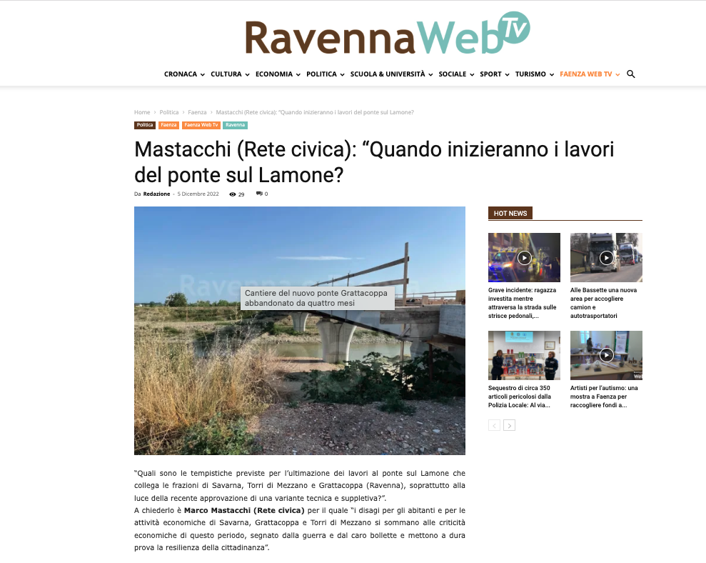 Al momento stai visualizzando Mastacchi (Rete Civica): “Quando inizieranno i lavori del ponte sul Lamone?