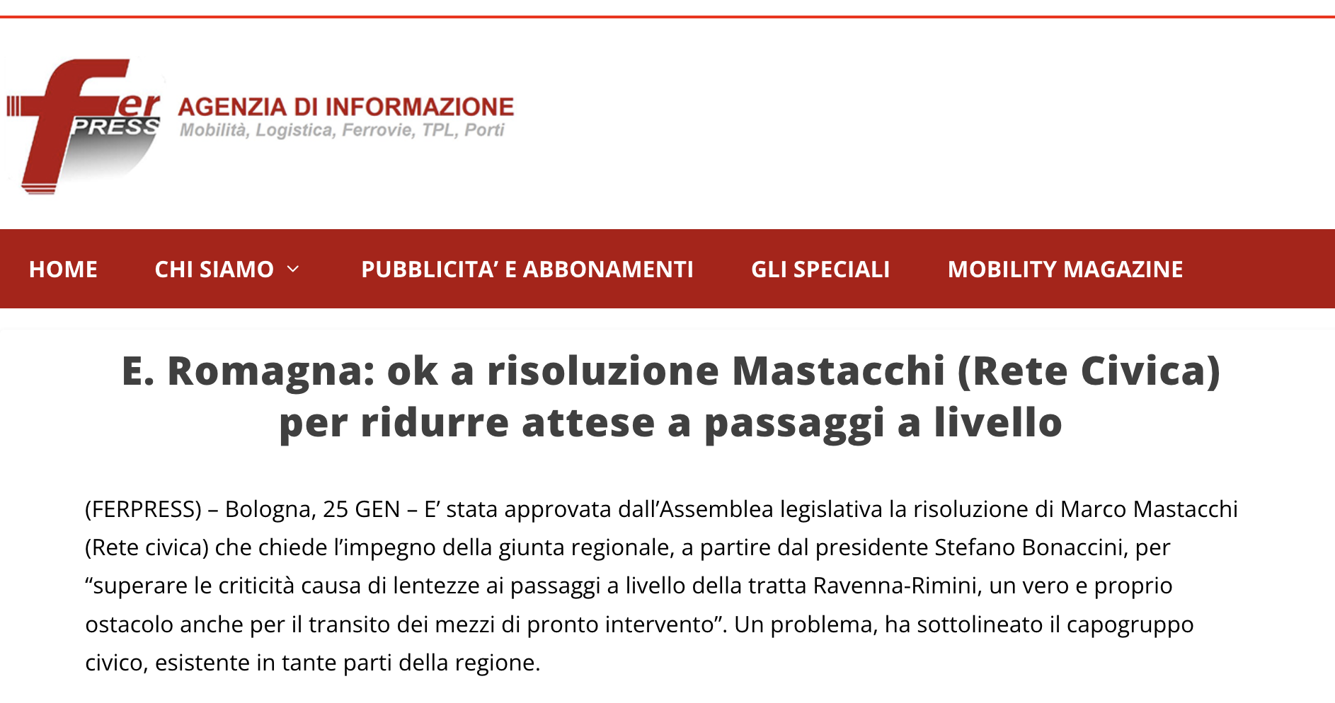 Scopri di più sull'articolo E. Romagna: ok a risoluzione Mastacchi (Rete Civica) per ridurre attese a passaggi a livello