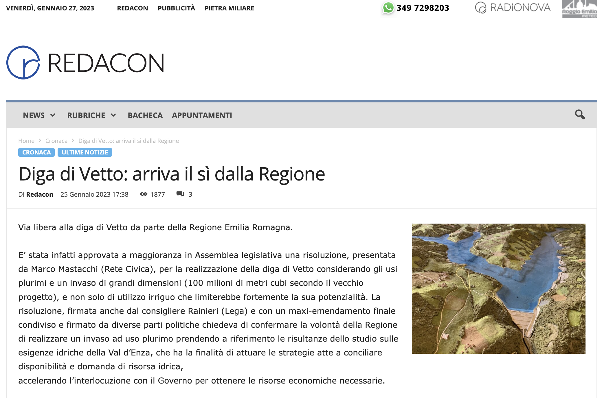 Scopri di più sull'articolo Diga di Vetto: arriva il sì dalla Regione