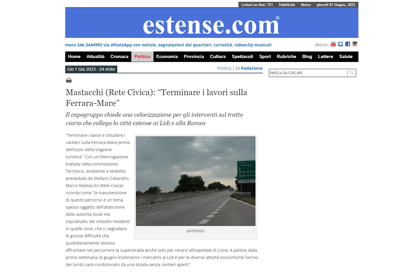 Scopri di più sull'articolo Mastacchi (Rete Civica): “Terminare i lavori sulla Ferrara-Mare”