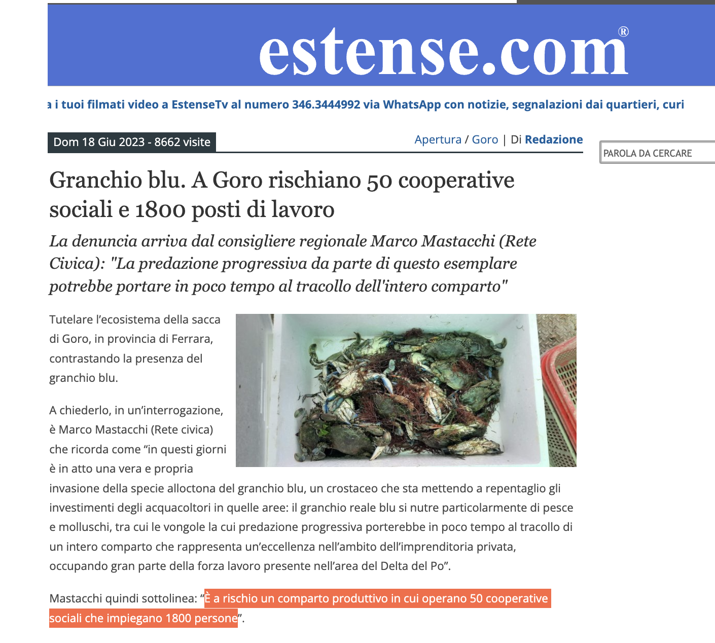 Al momento stai visualizzando Bisogna tutelare l’ecosistema della Sacca di Goro, in provincia di Ferrara, contrastando la presenza del granchio blu.