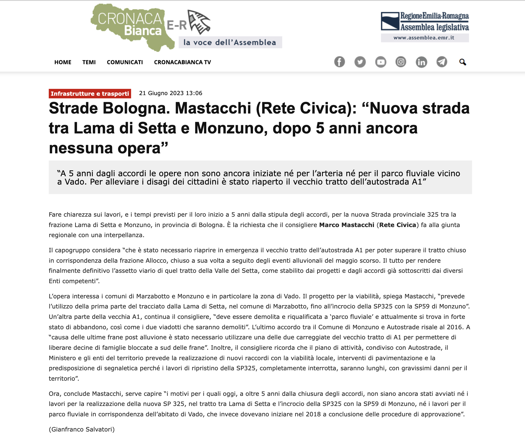 Al momento stai visualizzando Strade Bologna. Mastacchi (Rete Civica): “Nuova strada tra Lama di Setta e Monzuno, dopo 5 anni ancora nessuna opera”