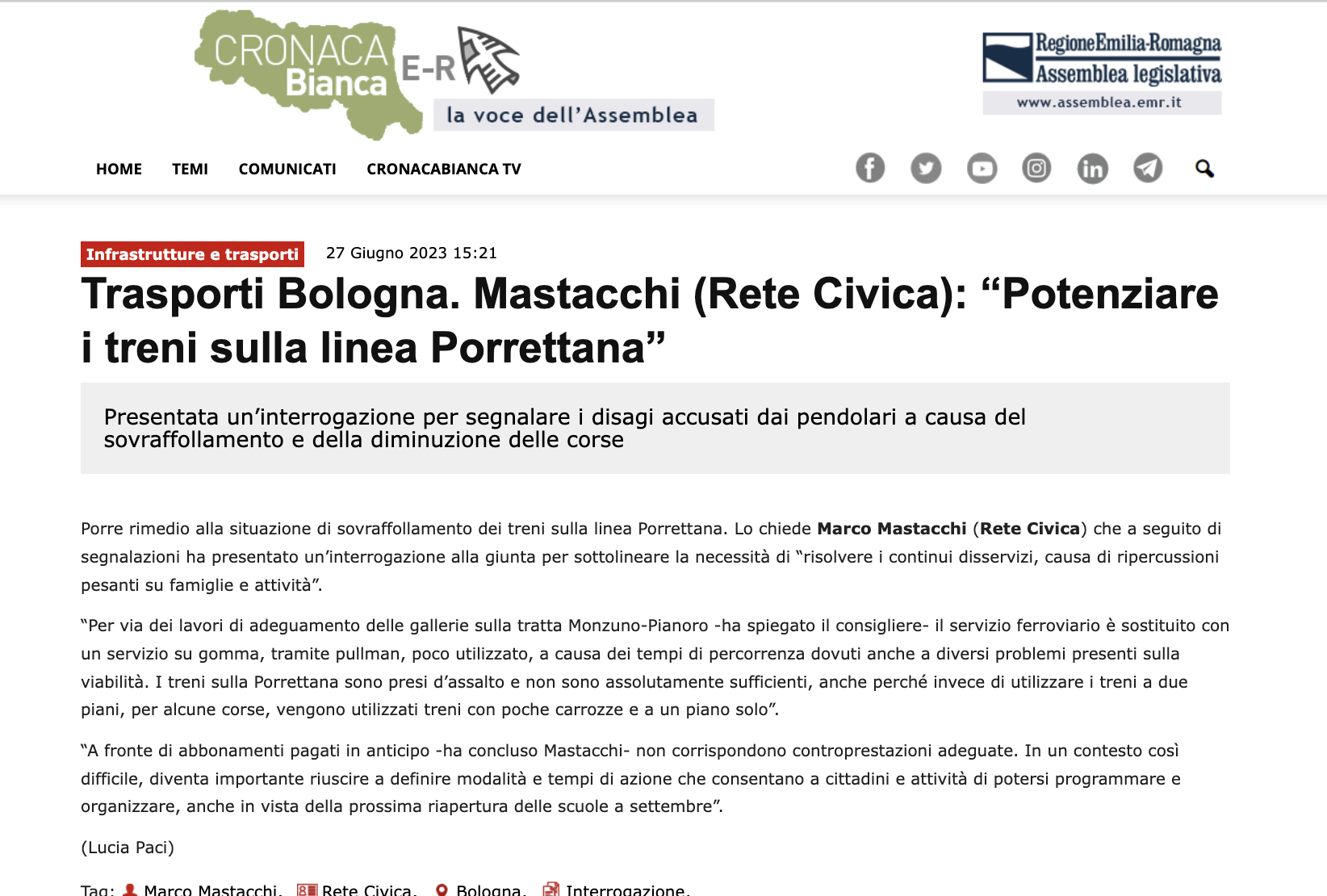 Al momento stai visualizzando Trasporti Bologna. Mastacchi (Rete Civica): “Potenziare i treni sulla linea Porrettana”