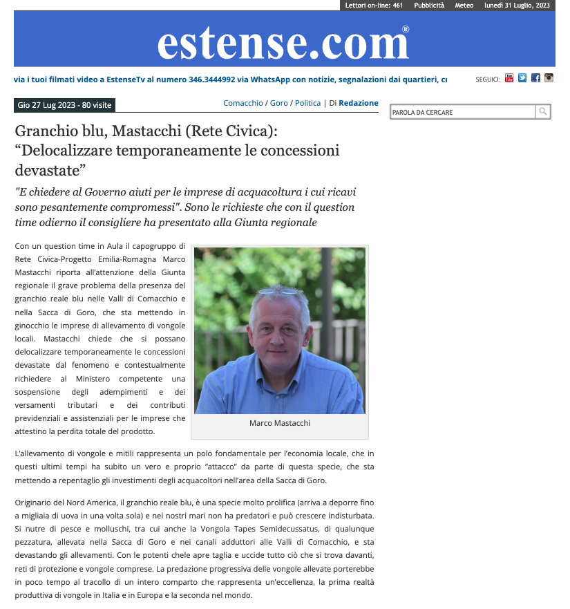 Scopri di più sull'articolo Granchio blu, Mastacchi (Rete Civica): “Delocalizzare temporaneamente le concessioni devastate”