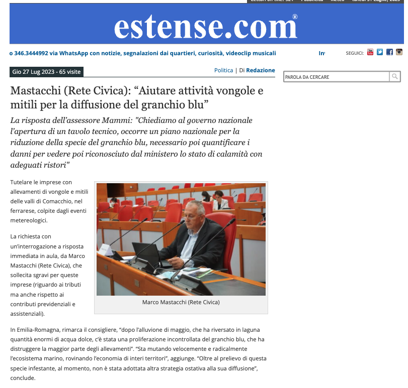 Al momento stai visualizzando Mastacchi (Rete Civica): “Aiutare attività vongole e mitili per la diffusione del granchio blu”