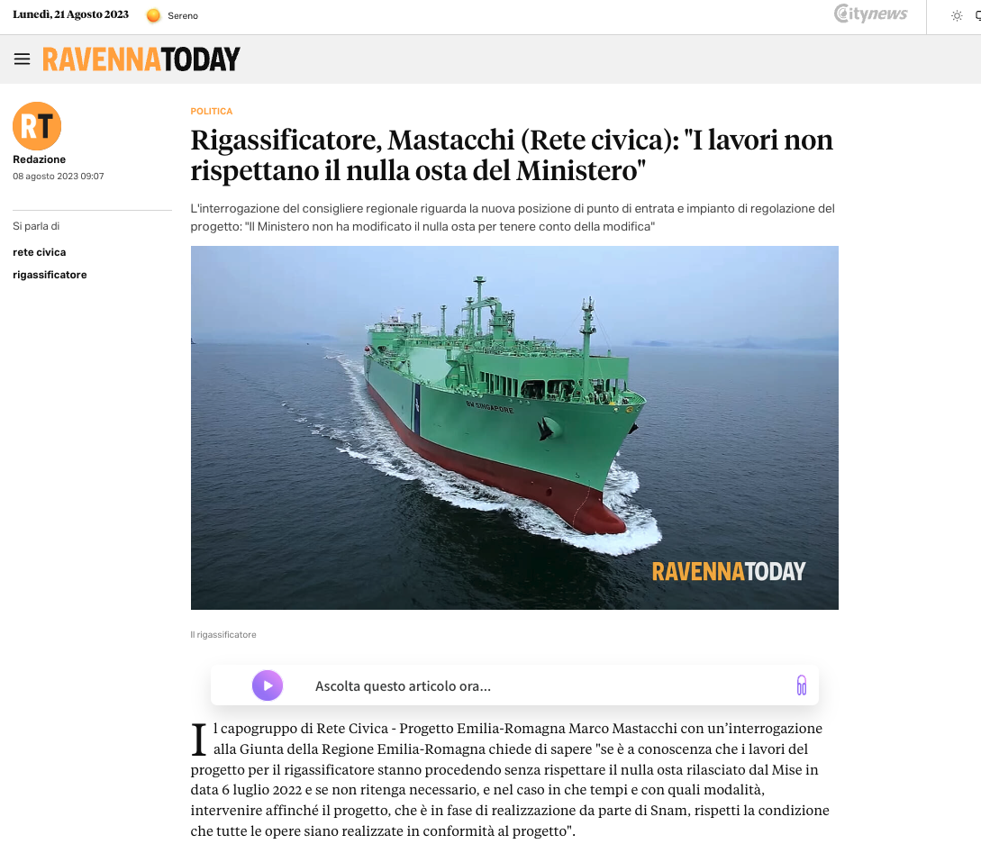 Scopri di più sull'articolo Rigassificatore, Mastacchi (Rete civica): “I lavori non rispettano il nulla osta del Ministero”