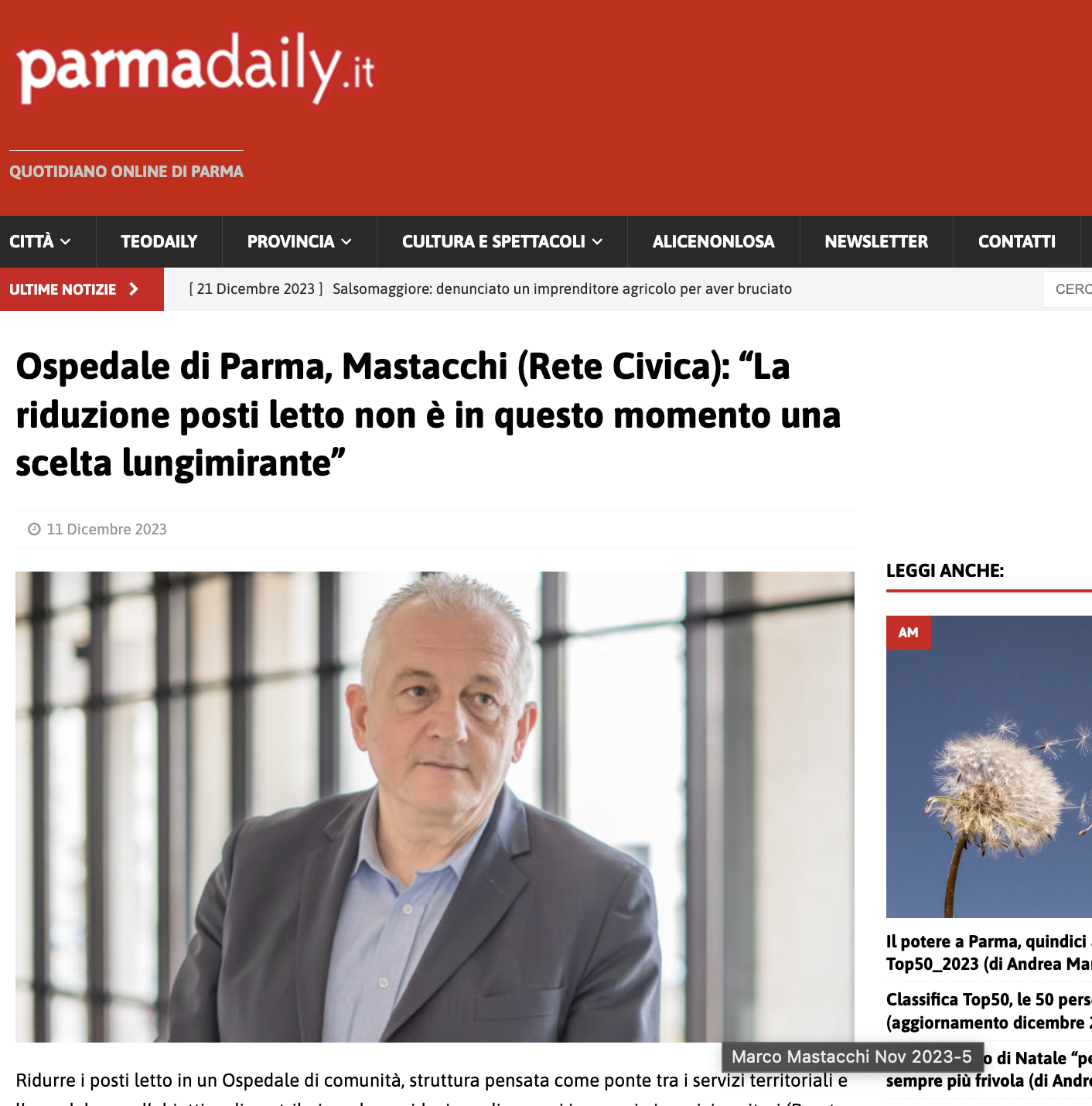 Scopri di più sull'articolo Ospedale di Parma, Mastacchi (Rete Civica): “La riduzione posti letto non è in questo momento una scelta lungimirante”