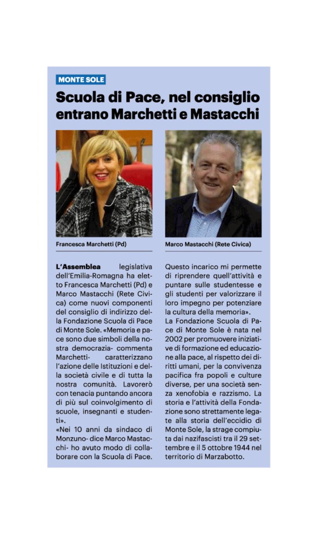 Scopri di più sull'articolo Scuola di Pace, nel consiglio entrano Marchetti e Mastacchi