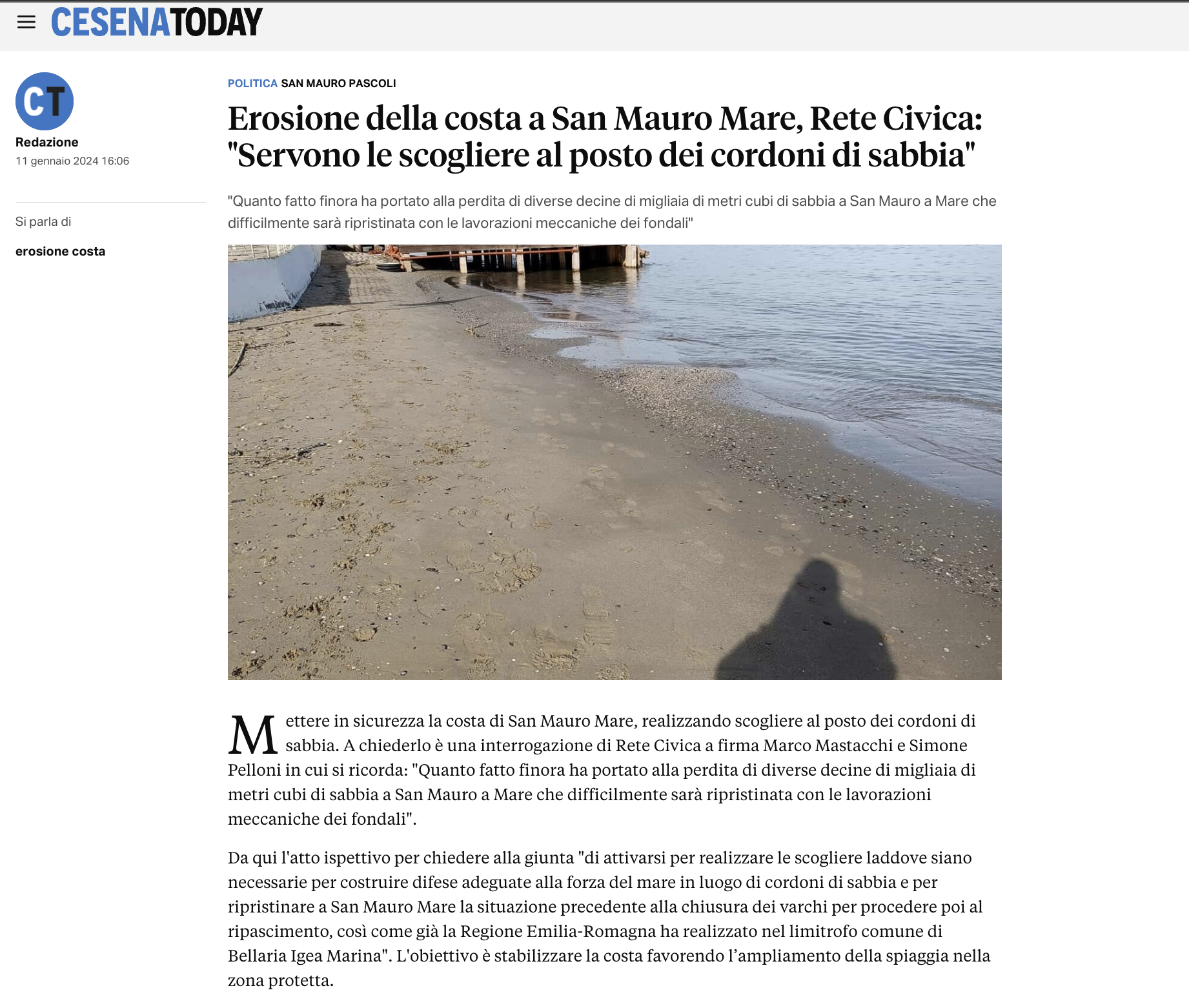 Al momento stai visualizzando Erosione della costa a San Mauro Mare, Rete Civica: “Servono le scogliere al posto dei cordoni di sabbia”