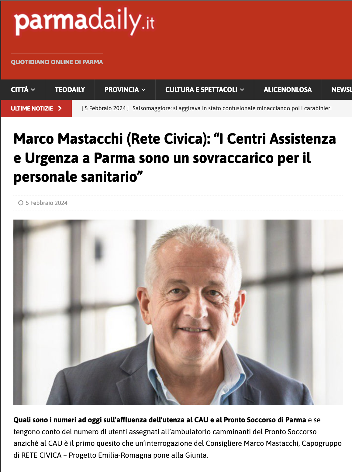 Scopri di più sull'articolo Marco Mastacchi (Rete Civica): “I Centri Assistenza e Urgenza a Parma sono un sovraccarico per il personale sanitario