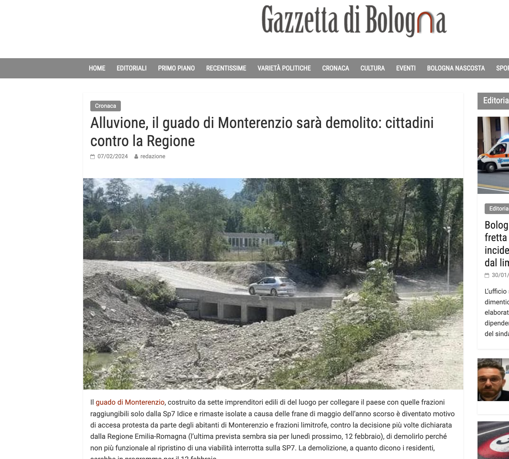 Scopri di più sull'articolo Alluvione, il guado di Monterenzio sarà demolito: cittadini contro la Regione