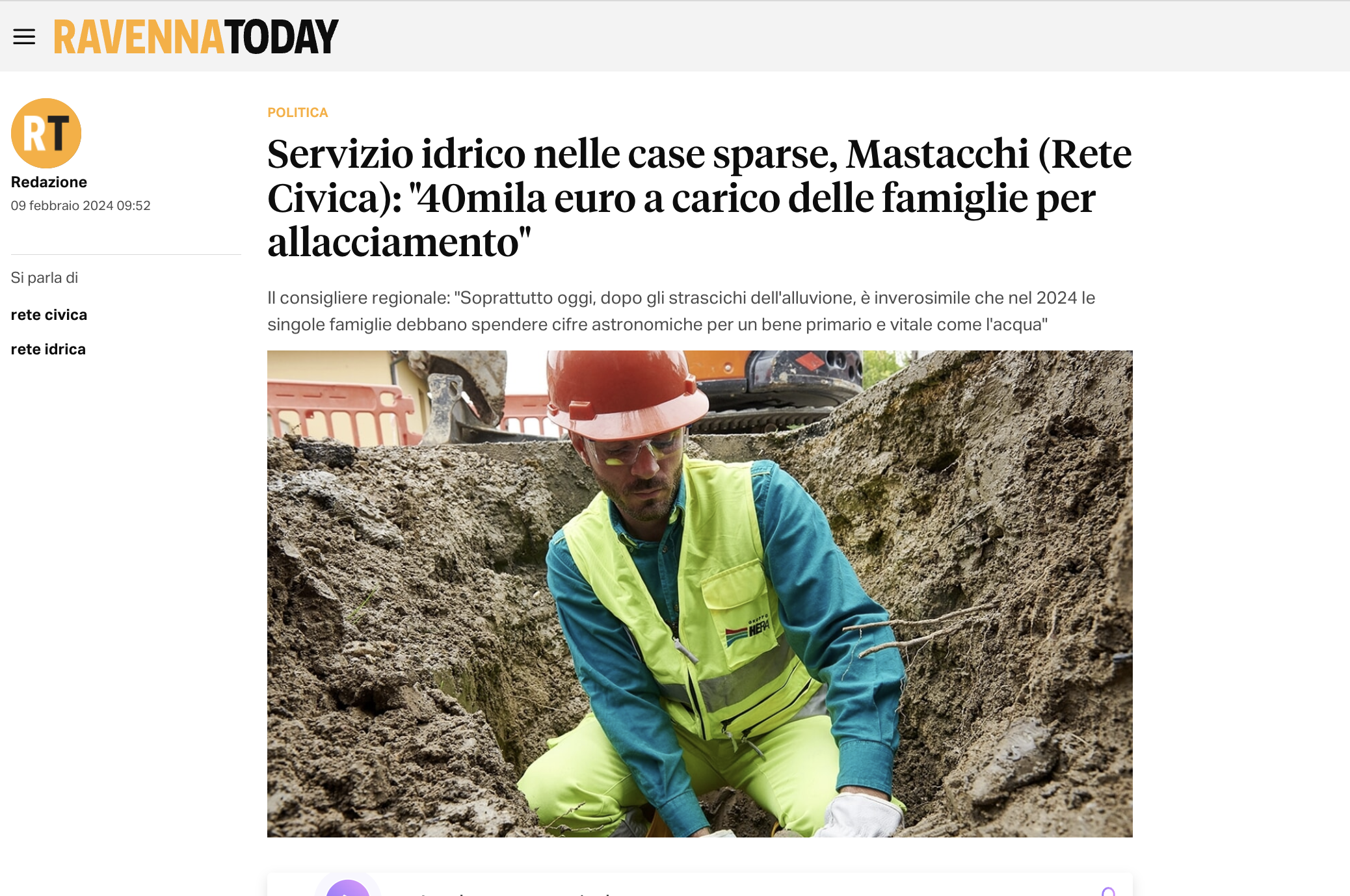 Scopri di più sull'articolo Servizio idrico nelle case sparse, Mastacchi (Rete Civica): “40mila euro a carico delle famiglie per allacciamento”