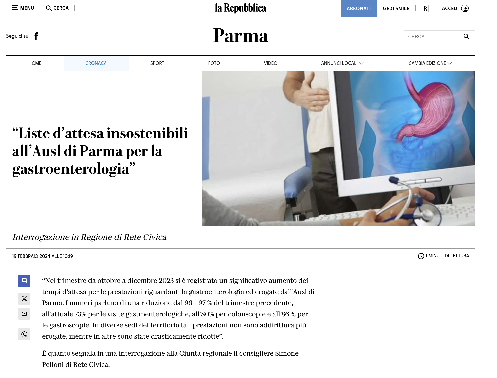 Scopri di più sull'articolo “Liste d’attesa insostenibili all’Ausl di Parma per la gastroenterologia”