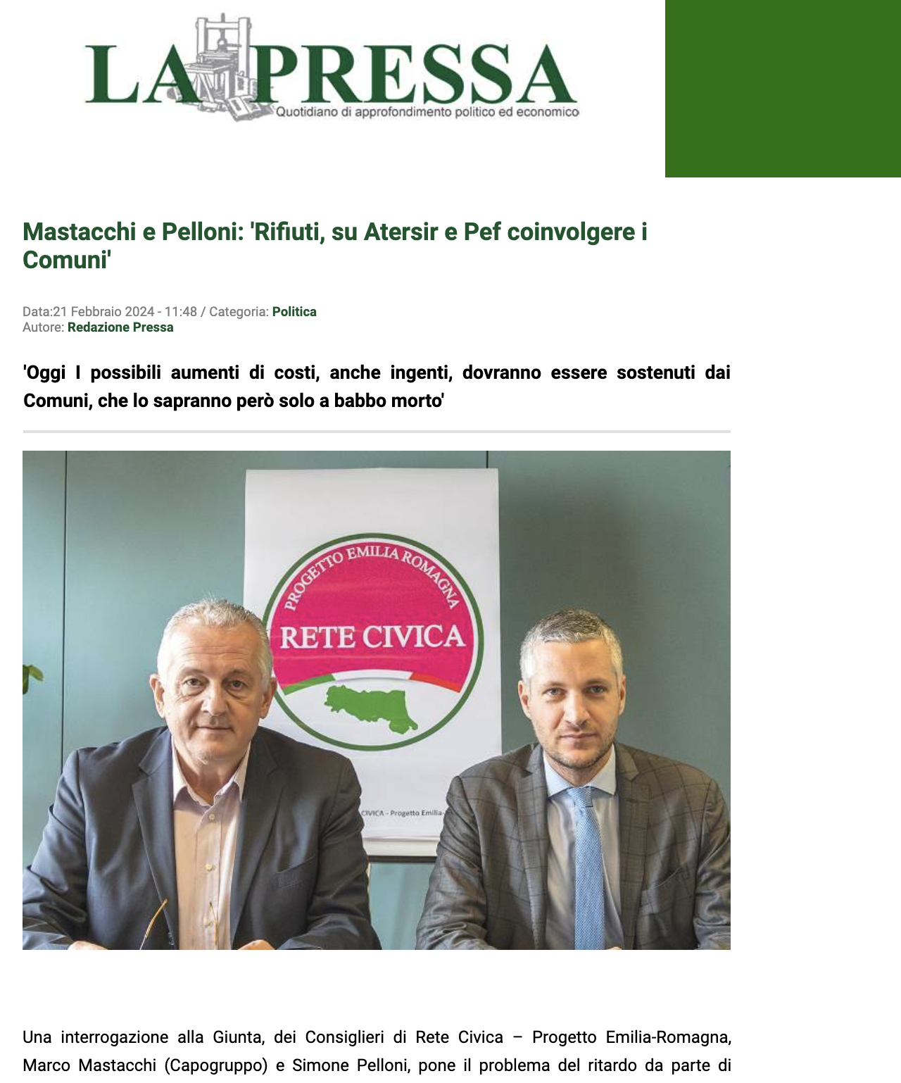 Al momento stai visualizzando Mastacchi e Pelloni: ‘Rifiuti, su Atersir e Pef coinvolgere i Comuni’