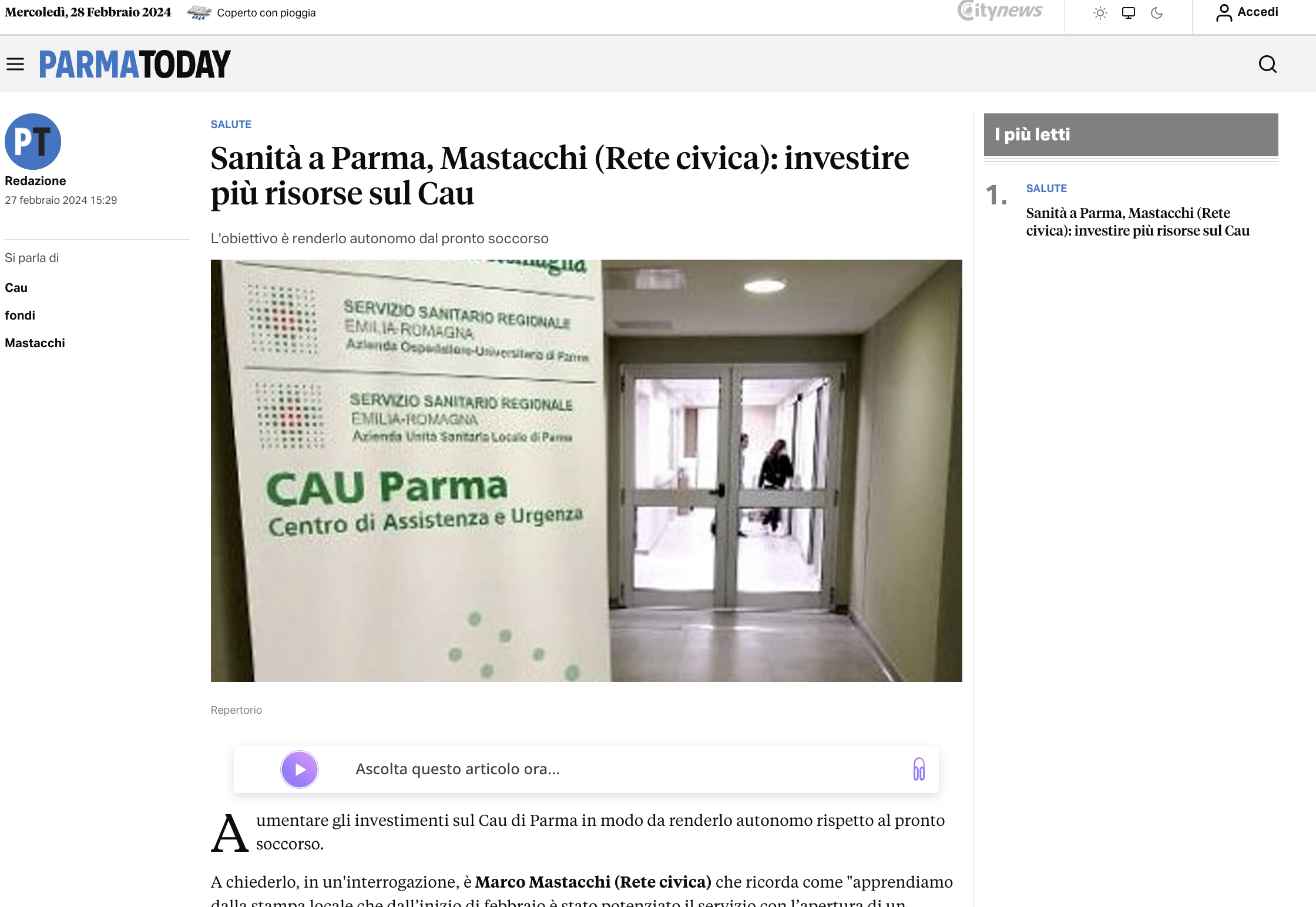 Scopri di più sull'articolo Sanità a Parma, Mastacchi (Rete Civica): investire più risorse sul Cau