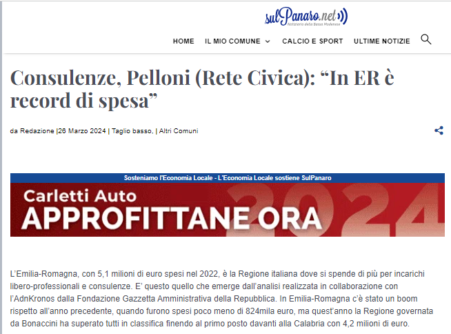 Scopri di più sull'articolo Consulenze, Pelloni (Rete Civica): “In ER è record di spesa”