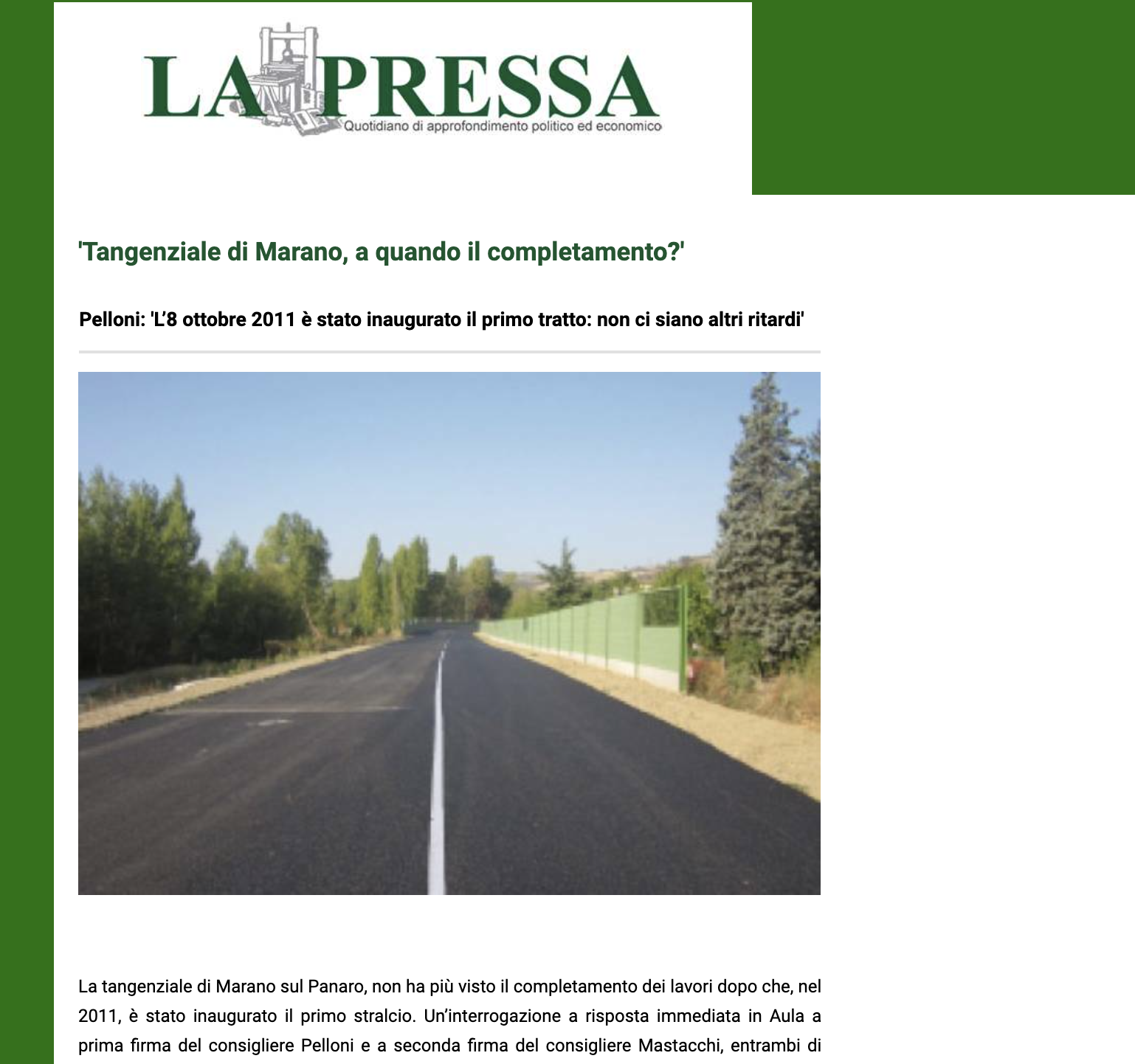 Scopri di più sull'articolo ‘Tangenziale di Marano, a quando il completamento?’