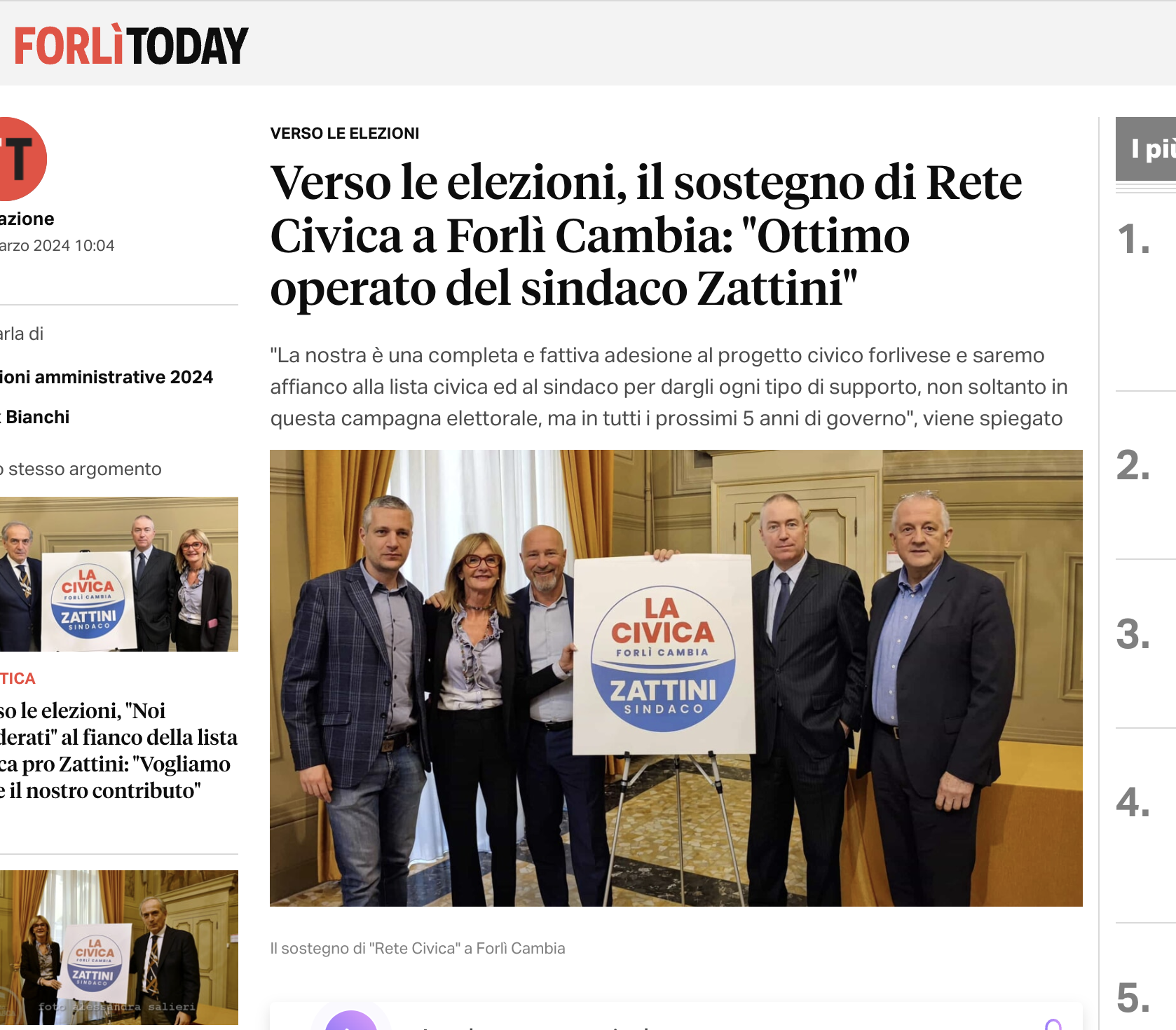 Scopri di più sull'articolo Verso le elezioni, il sostegno di Rete Civica a Forlì Cambia: “Ottimo operato del sindaco Zattini”